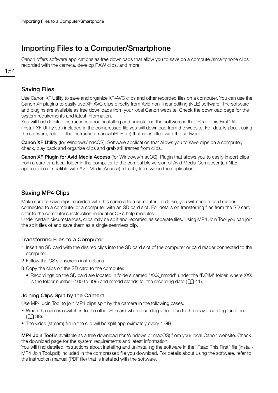 Importing files to a computer/smartphone, Saving files, Saving mp4 clips | Importing file, To a computer, Martphone 154, Saving files 154, Saving mp4 clips 154, Importing file s to a computer/smartphone | Canon EOS R5 C VR Creator Kit with RF 5.2mm f/2.8 Dual Fisheye Lens User Manual | Page 154 / 248