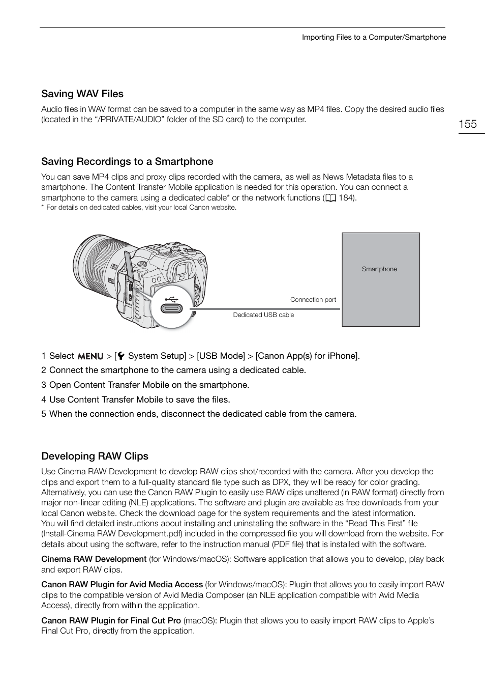 Saving wav files, Saving recordings to a smartphone, Developing raw clips | Developing raw clips 155 | Canon EOS R5 C VR Creator Kit with RF 5.2mm f/2.8 Dual Fisheye Lens User Manual | Page 155 / 248