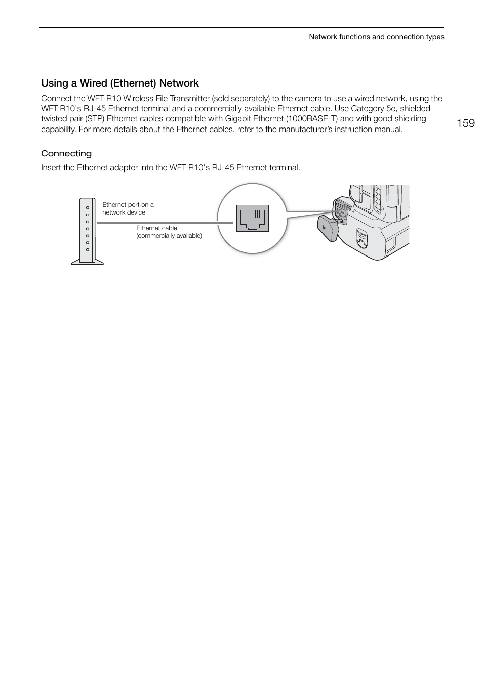 Using a wired (ethernet) network, Using a wired (ethernet) network 159, Us ing a wired (ethernet) network | Canon EOS R5 C VR Creator Kit with RF 5.2mm f/2.8 Dual Fisheye Lens User Manual | Page 159 / 248