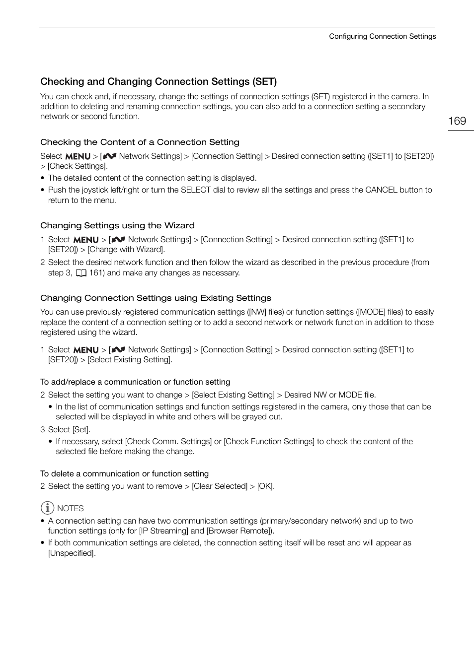 Checking and changing connection settings (set), Checking and changing connection settings, Set) 169 | Checking and changing connection setting s (set) | Canon EOS R5 C VR Creator Kit with RF 5.2mm f/2.8 Dual Fisheye Lens User Manual | Page 169 / 248