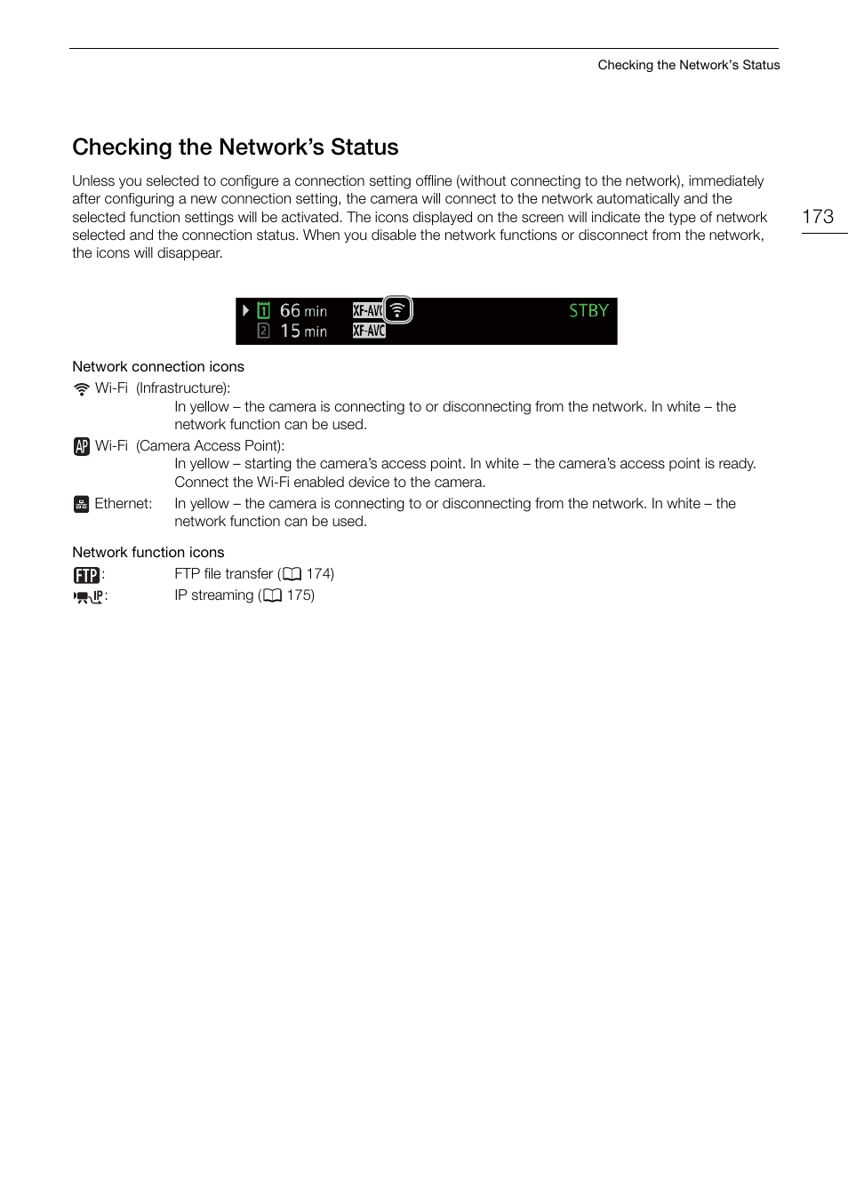 Checking the network’s status, Chec, Ing the networ | Tatu, Checking the network’ s statu s | Canon EOS R5 C VR Creator Kit with RF 5.2mm f/2.8 Dual Fisheye Lens User Manual | Page 173 / 248