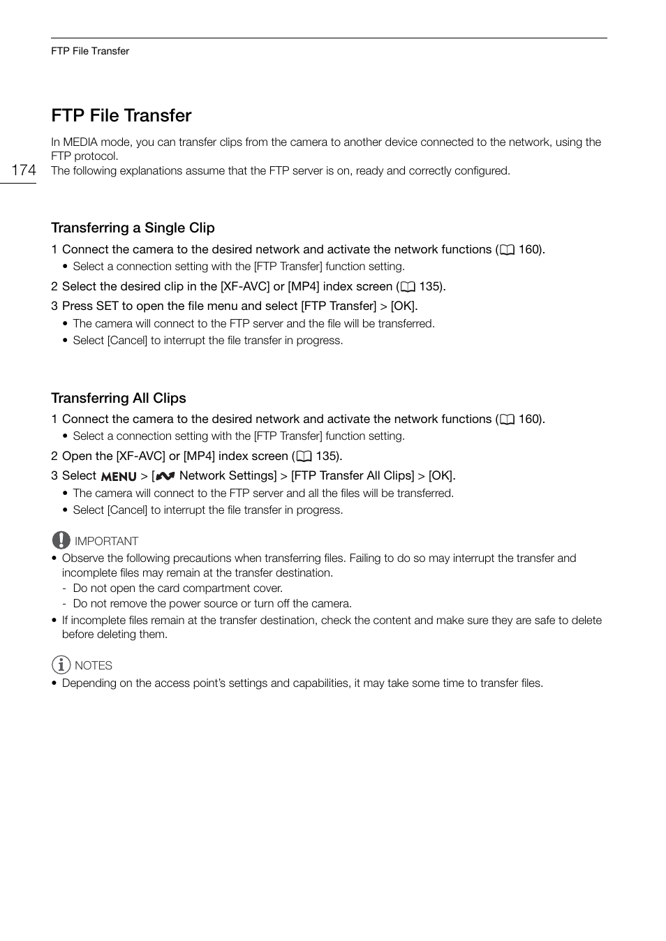 Ftp file transfer, Transferring a single clip, Transferring all clips | Ftp file tran, Fer 174, Transferring a single clip 174, Transferring all clips 174, Ftp file tran s fer | Canon EOS R5 C VR Creator Kit with RF 5.2mm f/2.8 Dual Fisheye Lens User Manual | Page 174 / 248