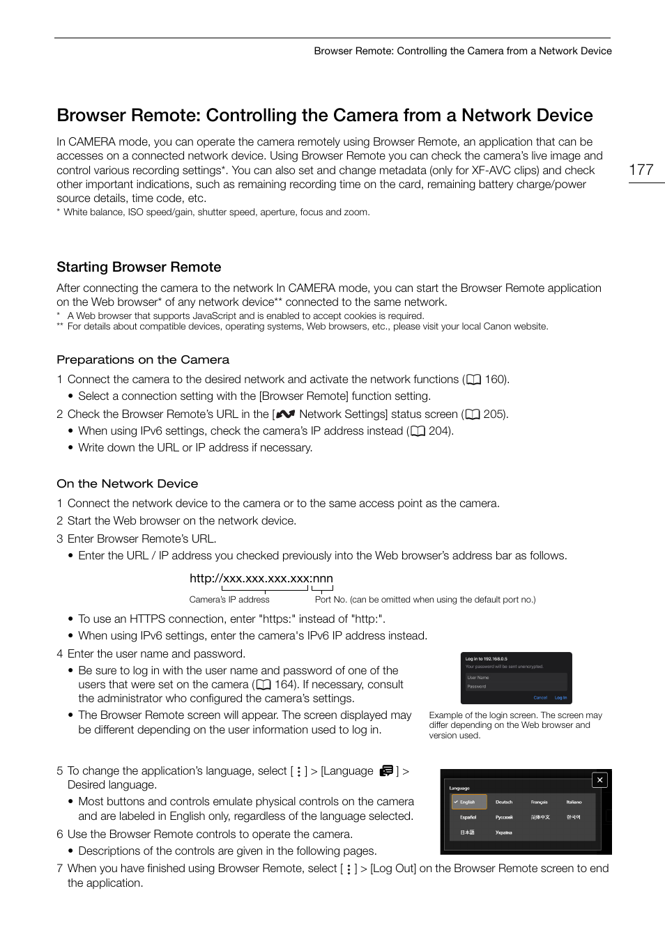 Starting browser remote, Brow, Er remote: controlling the camera from a | Networ, Device 177, Starting browser remote 177, Starting brow s er remote | Canon EOS R5 C VR Creator Kit with RF 5.2mm f/2.8 Dual Fisheye Lens User Manual | Page 177 / 248