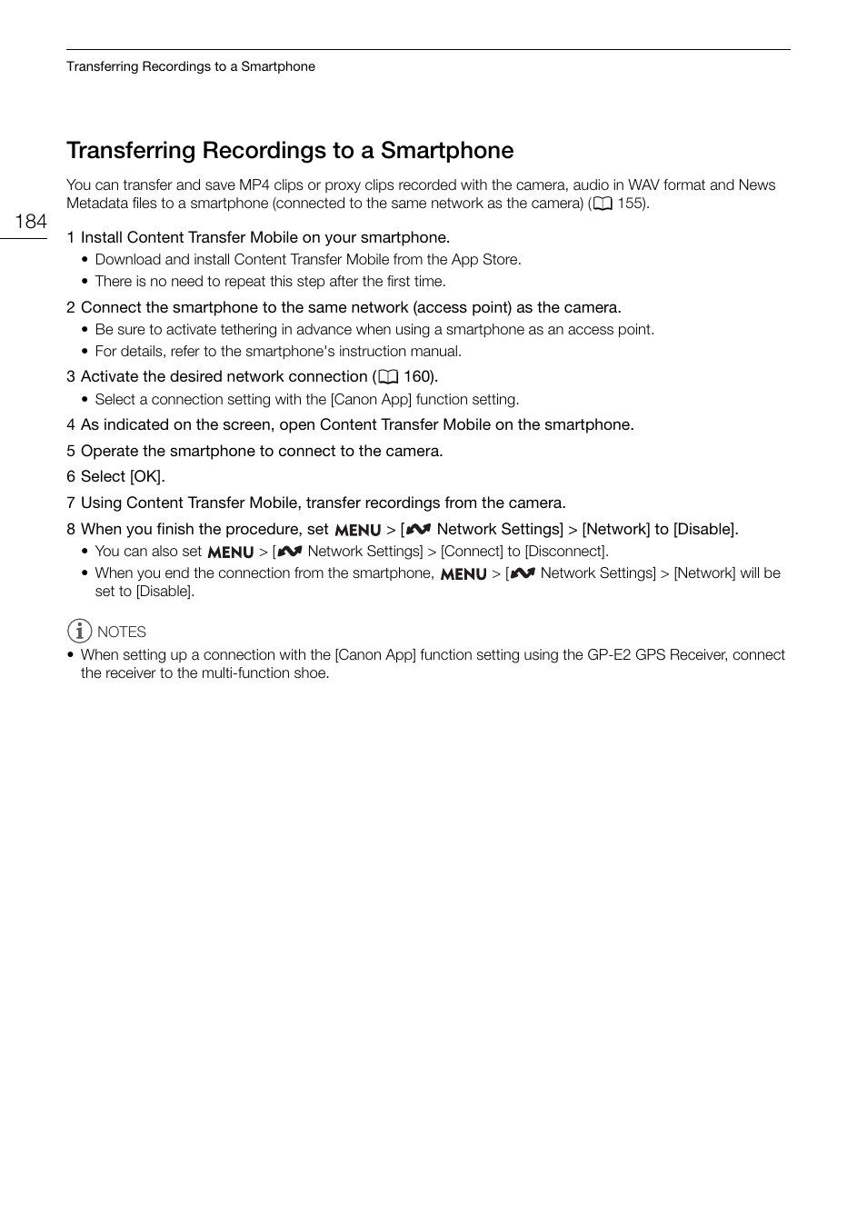 Transferring recordings to a smartphone, Tran, Ferring recording | To a, Martphone 184, 184). f, Tran s ferring recording s to a smartphone | Canon EOS R5 C VR Creator Kit with RF 5.2mm f/2.8 Dual Fisheye Lens User Manual | Page 184 / 248