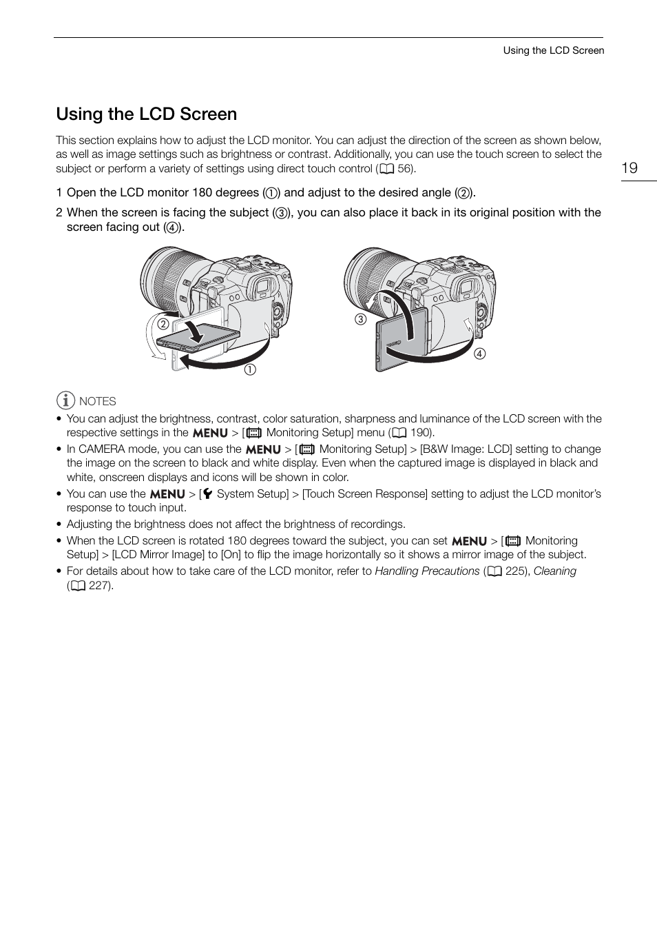 Using the lcd screen, Ing the lcd, Creen 19 | Us ing the lcd screen | Canon EOS R5 C VR Creator Kit with RF 5.2mm f/2.8 Dual Fisheye Lens User Manual | Page 19 / 248