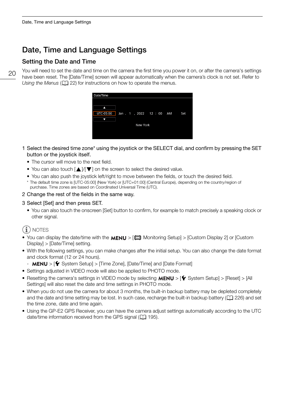 Date, time and language settings, Setting the date and time, Date, time and language | Etting, Setting the date and time 20, Date, time and language setting s | Canon EOS R5 C VR Creator Kit with RF 5.2mm f/2.8 Dual Fisheye Lens User Manual | Page 20 / 248