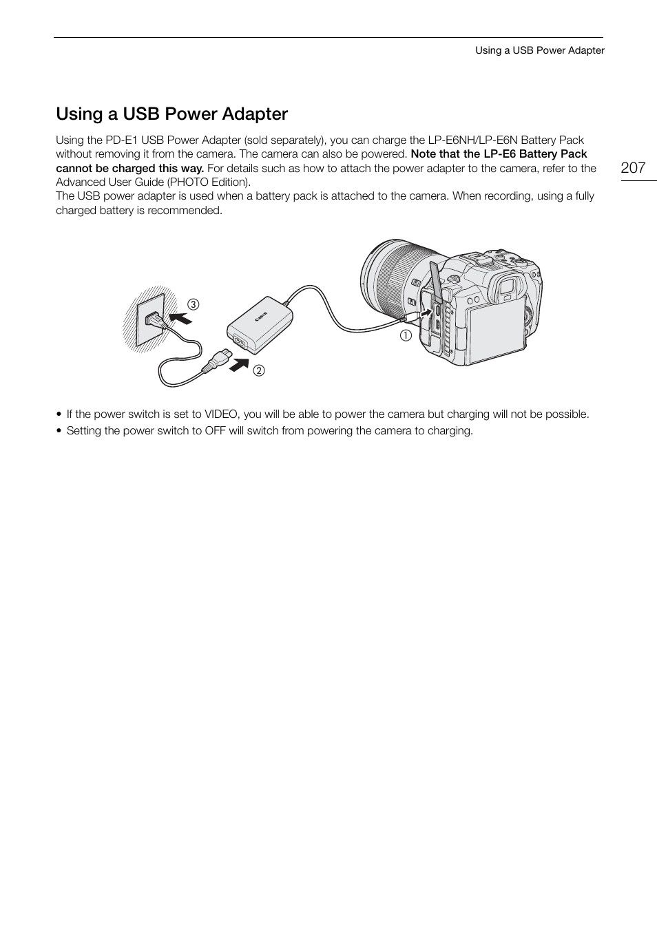 Using a usb power adapter, Ing a u, B power adapter 207 | Us ing a usb power adapter | Canon EOS R5 C VR Creator Kit with RF 5.2mm f/2.8 Dual Fisheye Lens User Manual | Page 207 / 248