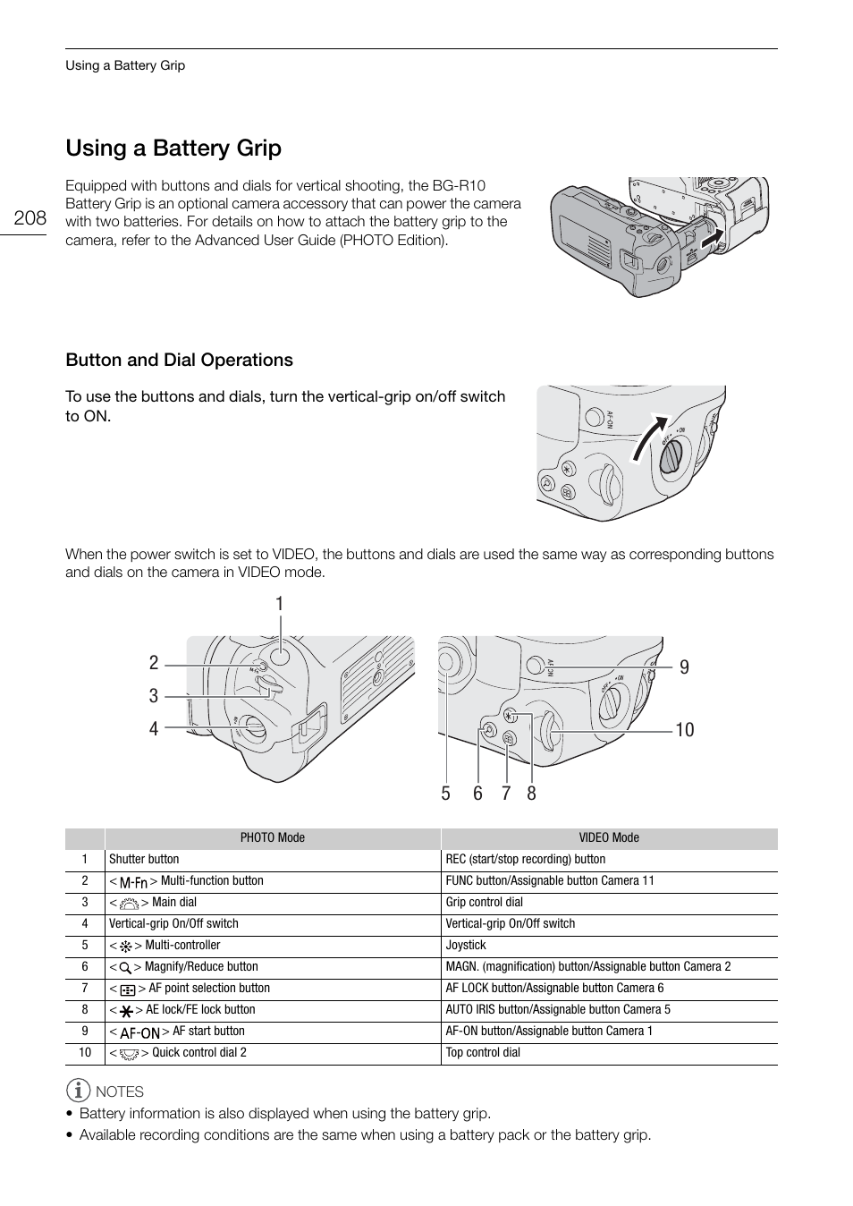 Using a battery grip, Button and dial operations, Ing a battery grip 208 | Button and dial operations 208, Us ing a battery grip, Button and dial operation s | Canon EOS R5 C VR Creator Kit with RF 5.2mm f/2.8 Dual Fisheye Lens User Manual | Page 208 / 248