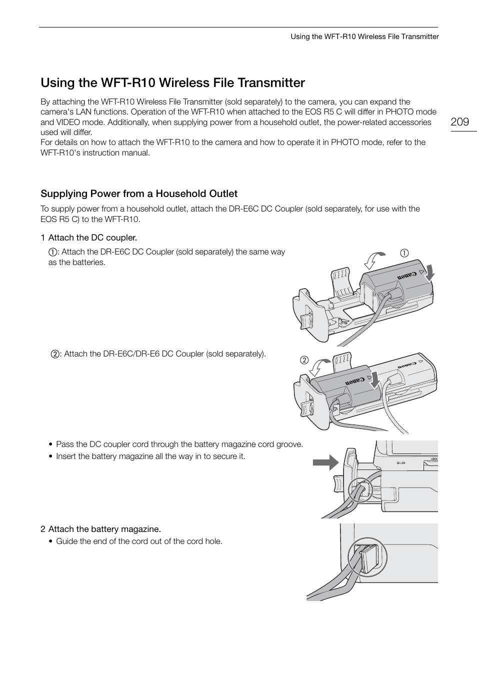 Using the wft-r10 wireless file transmitter, Supplying power from a household outlet, Ing the wft-r10 wirele | File tran, Mitter 209, Supplying power from a household outlet 209, Us ing the wft-r10 wirele ss file tran s mitter | Canon EOS R5 C VR Creator Kit with RF 5.2mm f/2.8 Dual Fisheye Lens User Manual | Page 209 / 248