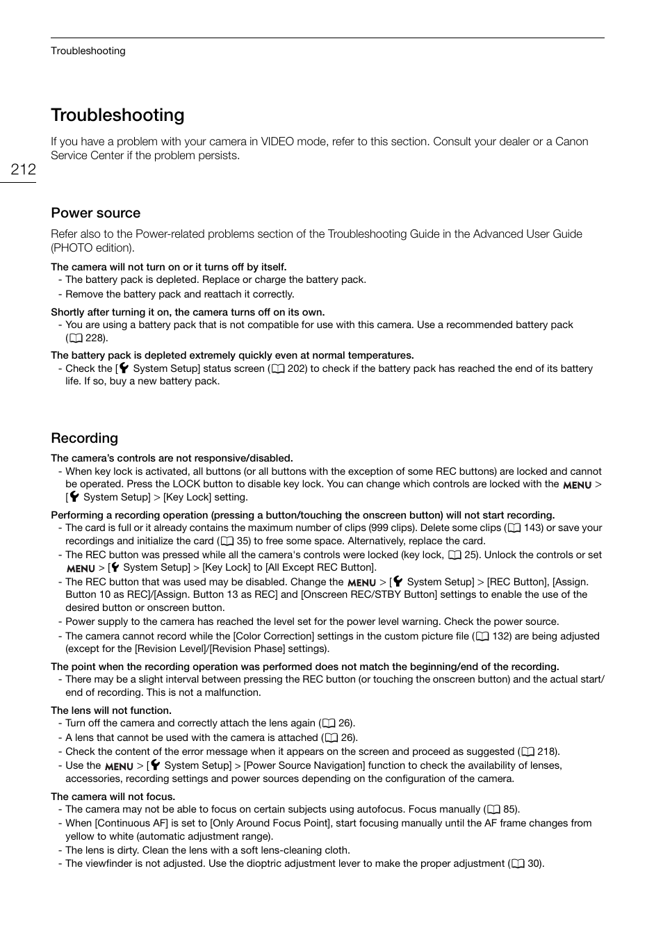 Troubleshooting, Trouble, Hooting 212 | Trouble s hooting, Power s ource, Recording | Canon EOS R5 C VR Creator Kit with RF 5.2mm f/2.8 Dual Fisheye Lens User Manual | Page 212 / 248