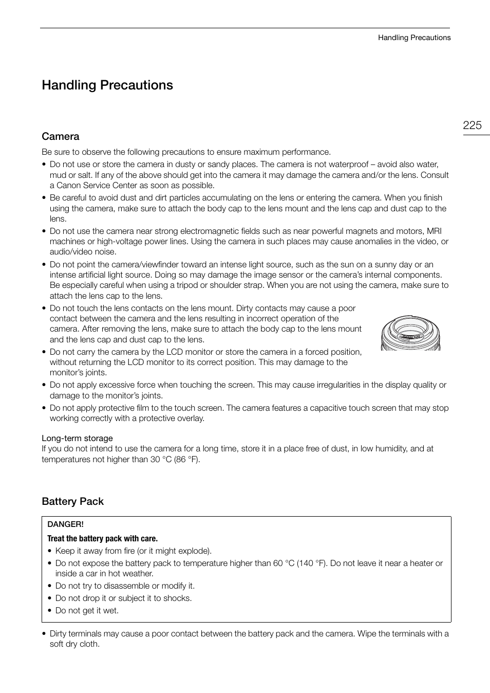 Handling precautions, Handling precaution, Handling precaution s | Canon EOS R5 C VR Creator Kit with RF 5.2mm f/2.8 Dual Fisheye Lens User Manual | Page 225 / 248