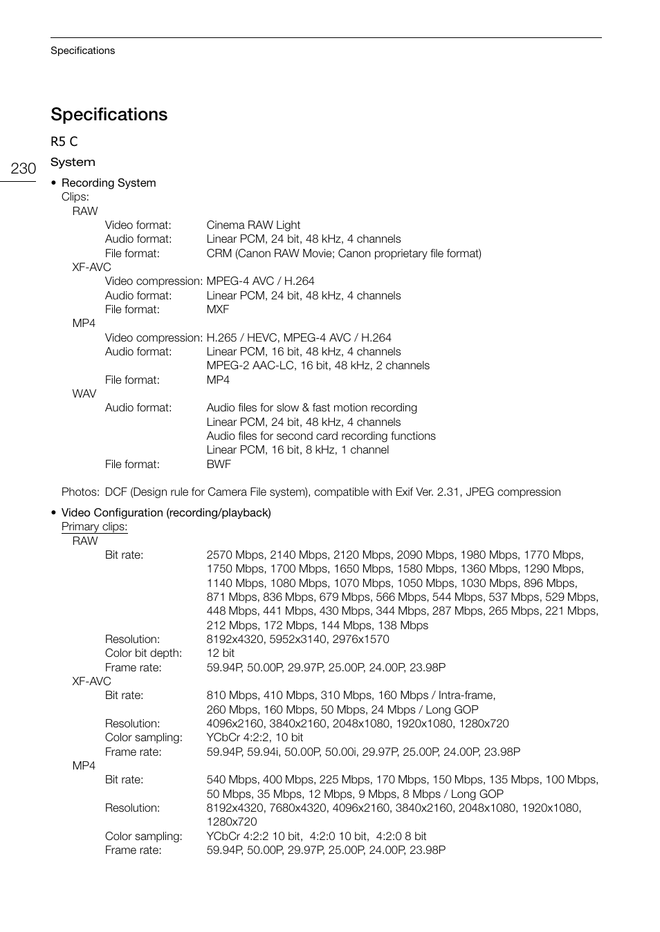 Specifications, Camera, Pecification | Specification s | Canon EOS R5 C VR Creator Kit with RF 5.2mm f/2.8 Dual Fisheye Lens User Manual | Page 230 / 248