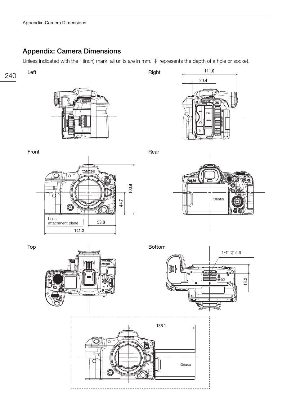 Appendix: camera dimensions, Appendix: camera dimen, 240 appendix: camera dimensions | Canon EOS R5 C VR Creator Kit with RF 5.2mm f/2.8 Dual Fisheye Lens User Manual | Page 240 / 248