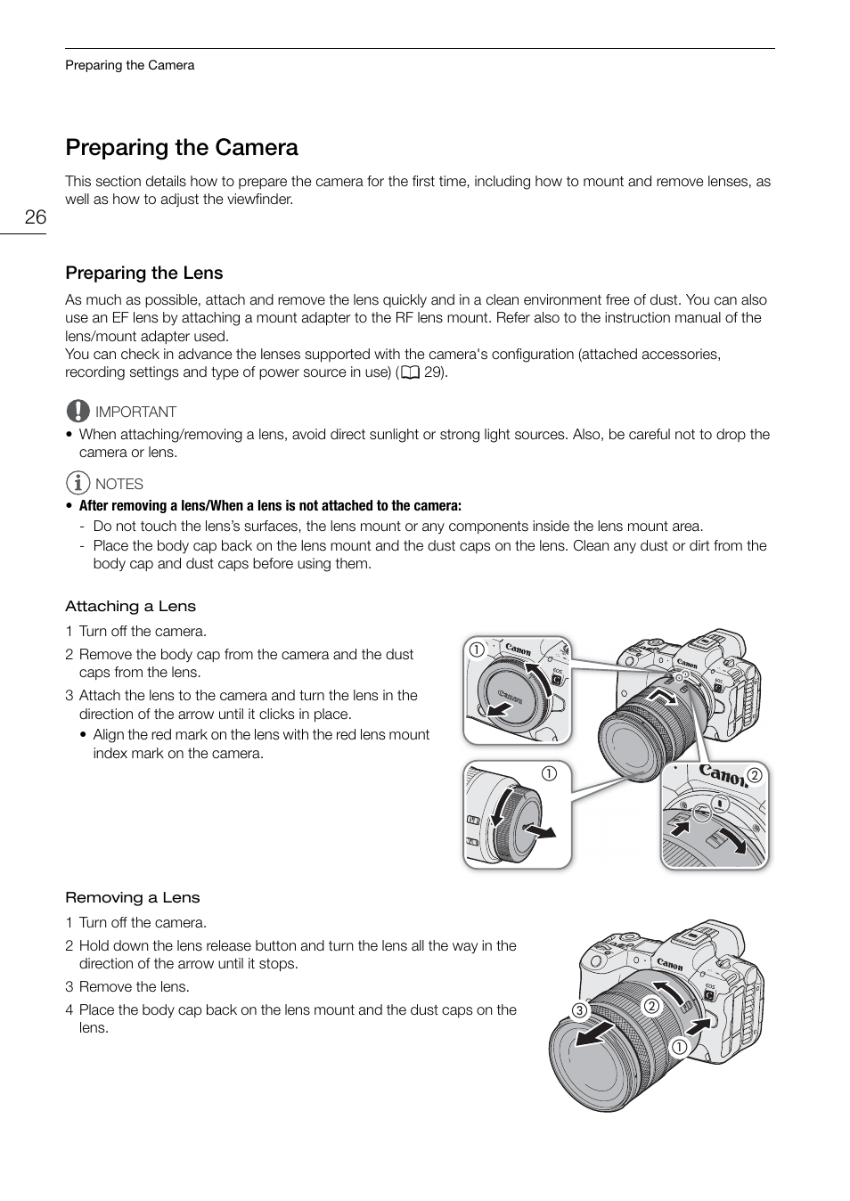 Preparing the camera, Preparing the lens, Preparing the camera 26 | Preparing the lens 26 | Canon EOS R5 C VR Creator Kit with RF 5.2mm f/2.8 Dual Fisheye Lens User Manual | Page 26 / 248