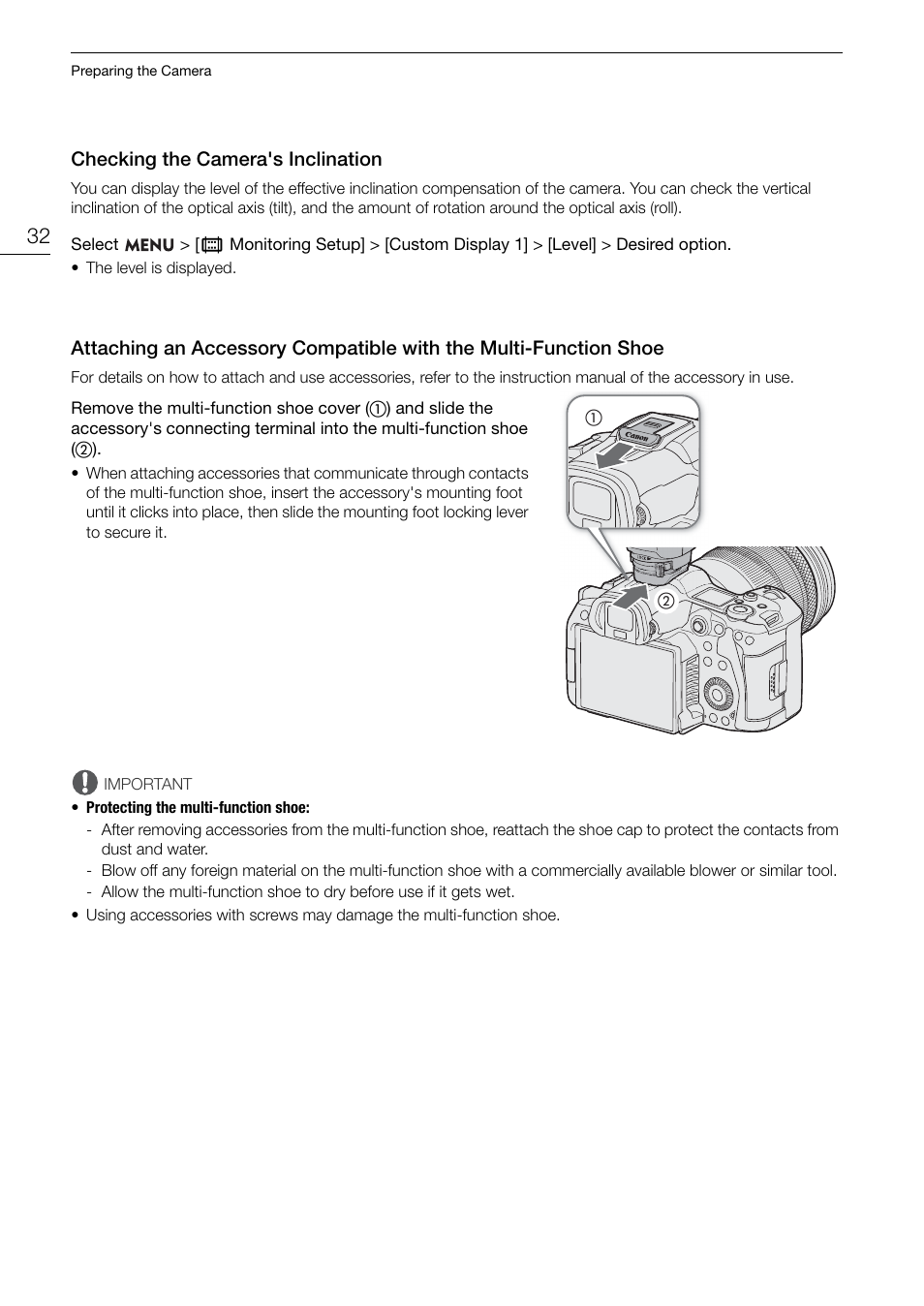 Checking the camera's inclination, Function shoe 32 | Canon EOS R5 C VR Creator Kit with RF 5.2mm f/2.8 Dual Fisheye Lens User Manual | Page 32 / 248