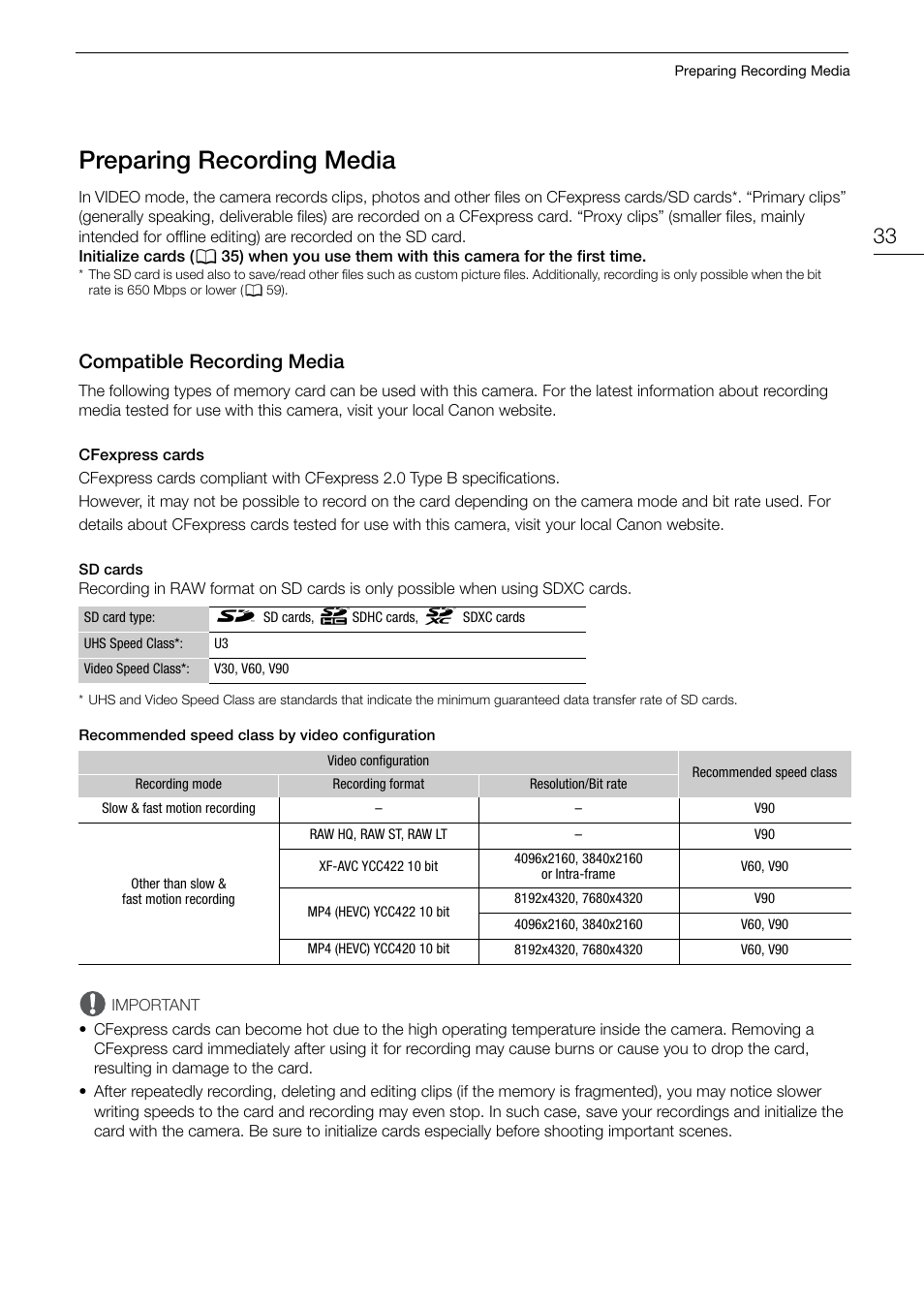 Preparing recording media, Compatible recording media, Preparing recording media 33 | Compatible recording media 33 | Canon EOS R5 C VR Creator Kit with RF 5.2mm f/2.8 Dual Fisheye Lens User Manual | Page 33 / 248