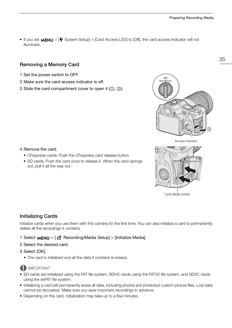 Removing a memory card, Initializing cards, Removing a memory card 35 initializing cards 35 | Canon EOS R5 C VR Creator Kit with RF 5.2mm f/2.8 Dual Fisheye Lens User Manual | Page 35 / 248
