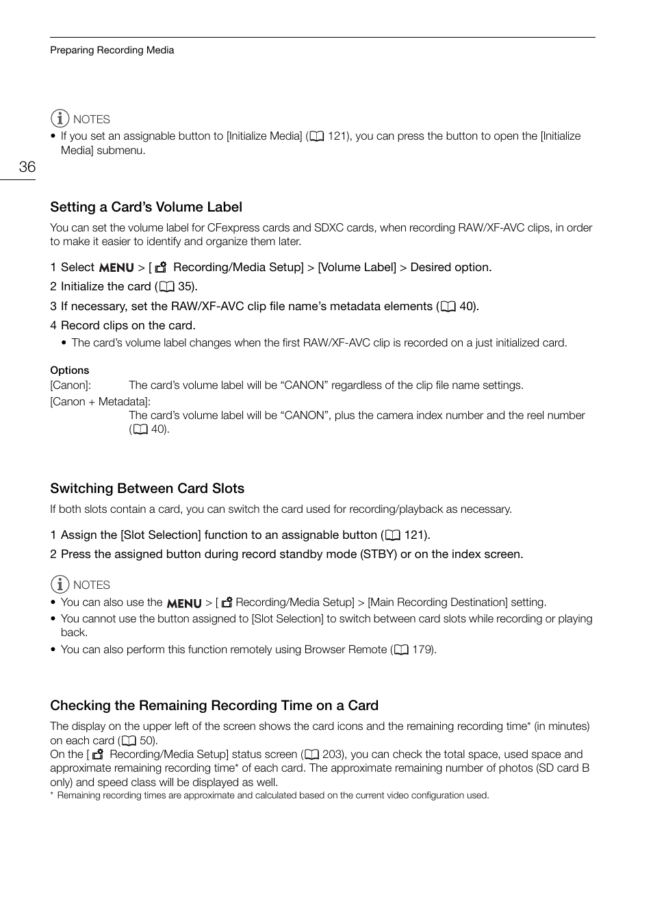 Setting a card’s volume label, Switching between card slots, Checking the remaining recording time on a card | Card 36 | Canon EOS R5 C VR Creator Kit with RF 5.2mm f/2.8 Dual Fisheye Lens User Manual | Page 36 / 248