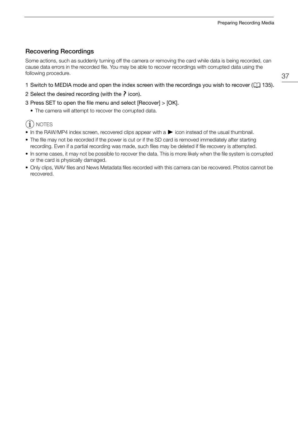 Recovering recordings, Recovering recordings 37 | Canon EOS R5 C VR Creator Kit with RF 5.2mm f/2.8 Dual Fisheye Lens User Manual | Page 37 / 248