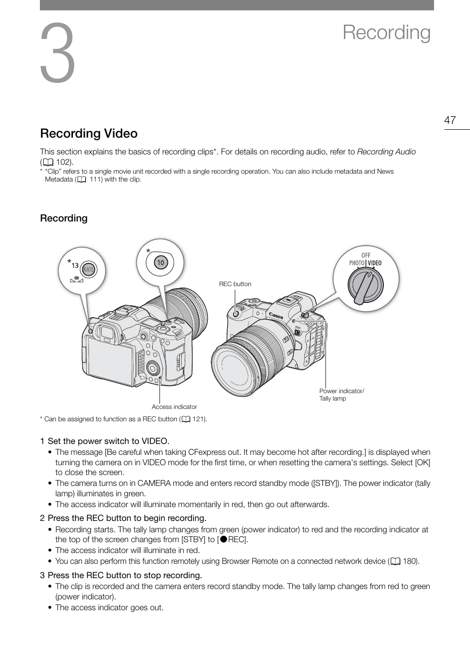 Recording, Recording video, Recording 47 | Recording video 47 | Canon EOS R5 C VR Creator Kit with RF 5.2mm f/2.8 Dual Fisheye Lens User Manual | Page 47 / 248