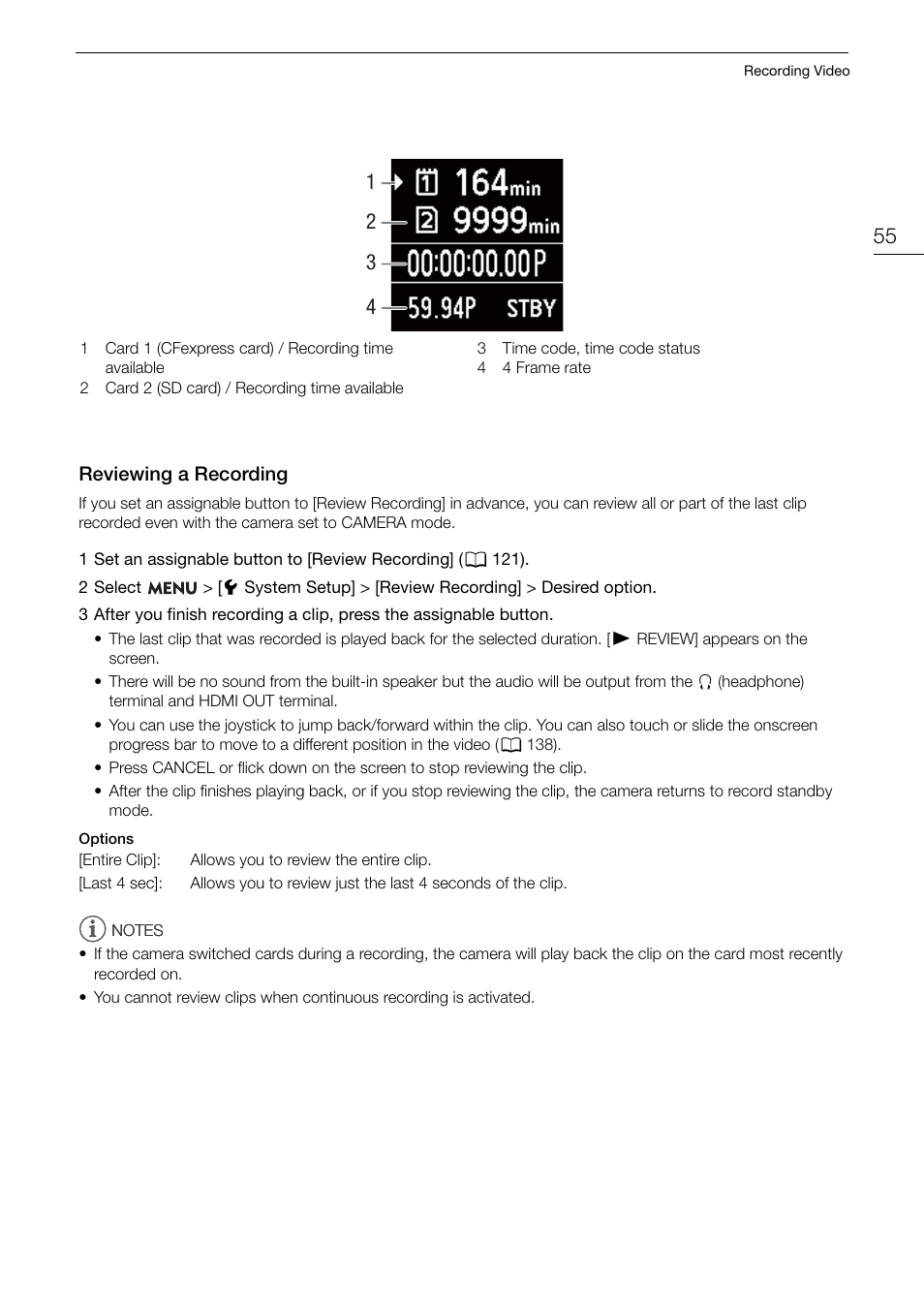 Reviewing a recording, Reviewing a recording 55 | Canon EOS R5 C VR Creator Kit with RF 5.2mm f/2.8 Dual Fisheye Lens User Manual | Page 55 / 248