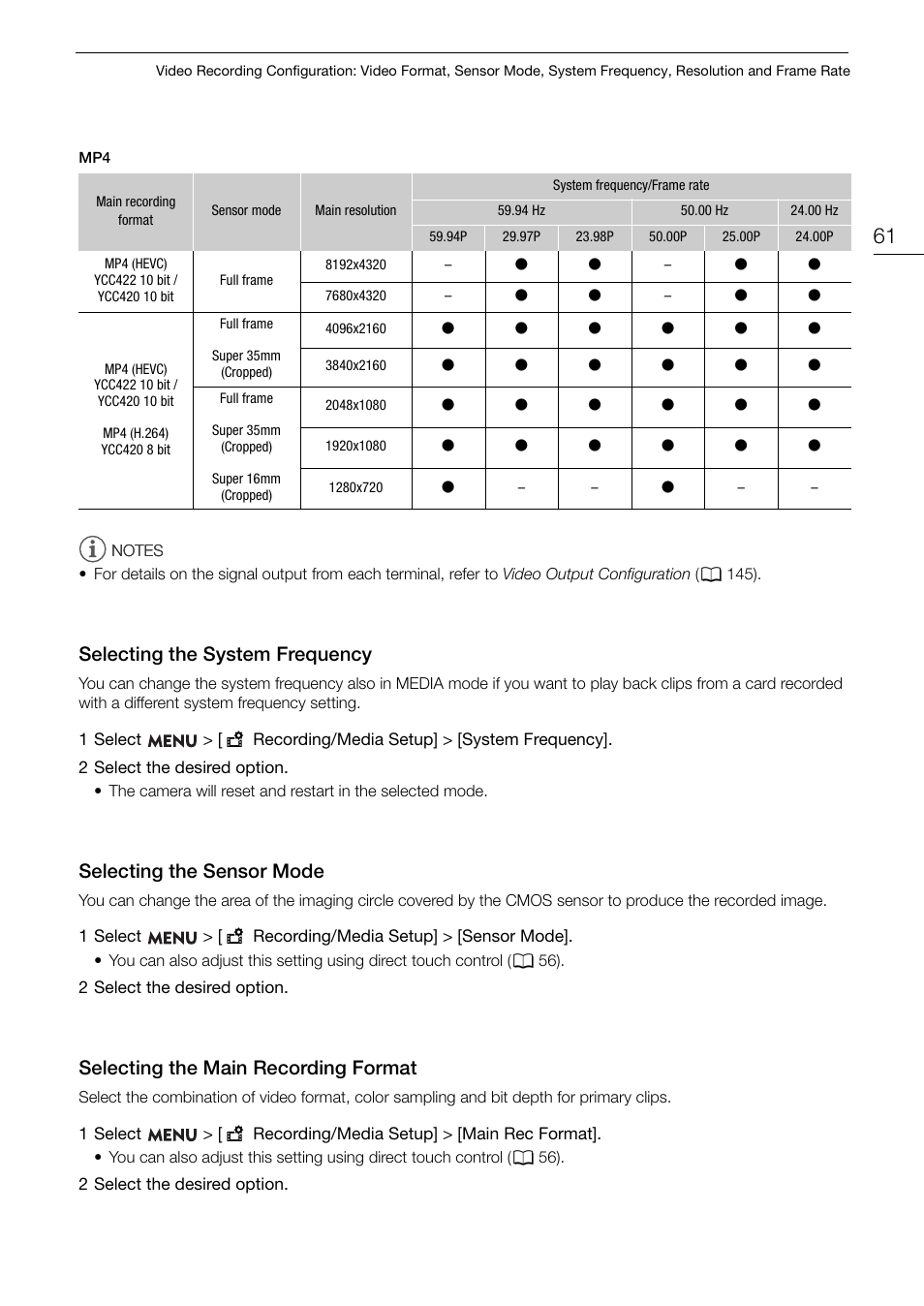 Selecting the system frequency, Selecting the sensor mode, Selecting the main recording format | Selecting the system frequency 61, Selecting the sy s tem frequency, Selecting the sen s or mode | Canon EOS R5 C VR Creator Kit with RF 5.2mm f/2.8 Dual Fisheye Lens User Manual | Page 61 / 248