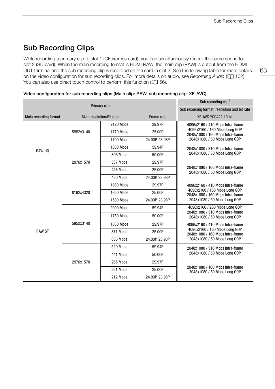 Sub recording clips, Ub recording clip, Sub recording clip s | Canon EOS R5 C VR Creator Kit with RF 5.2mm f/2.8 Dual Fisheye Lens User Manual | Page 63 / 248