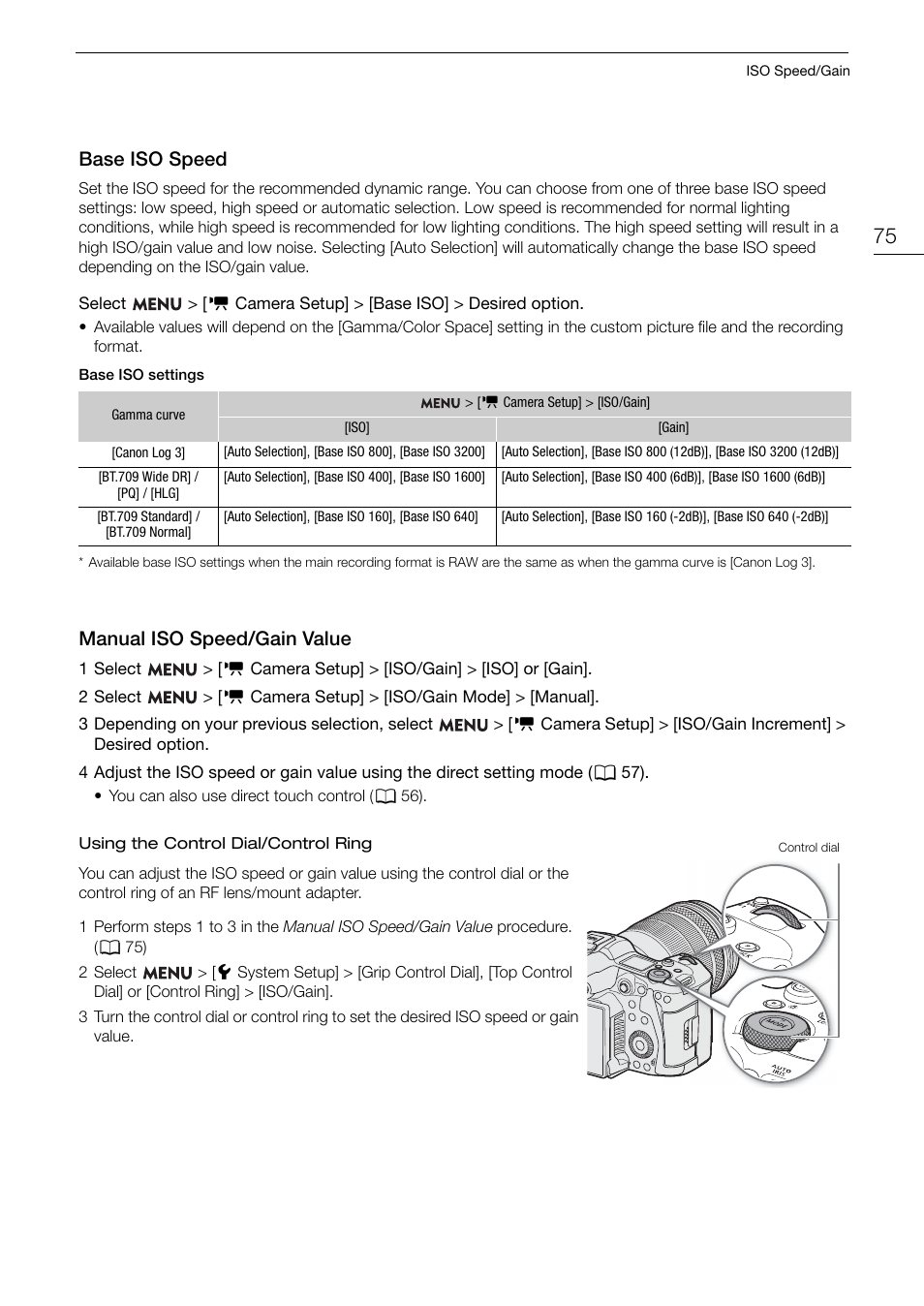 Base iso speed, Manual iso speed/gain value, Base iso speed 75 | Manual iso speed/gain value 75, Ba s e iso speed | Canon EOS R5 C VR Creator Kit with RF 5.2mm f/2.8 Dual Fisheye Lens User Manual | Page 75 / 248