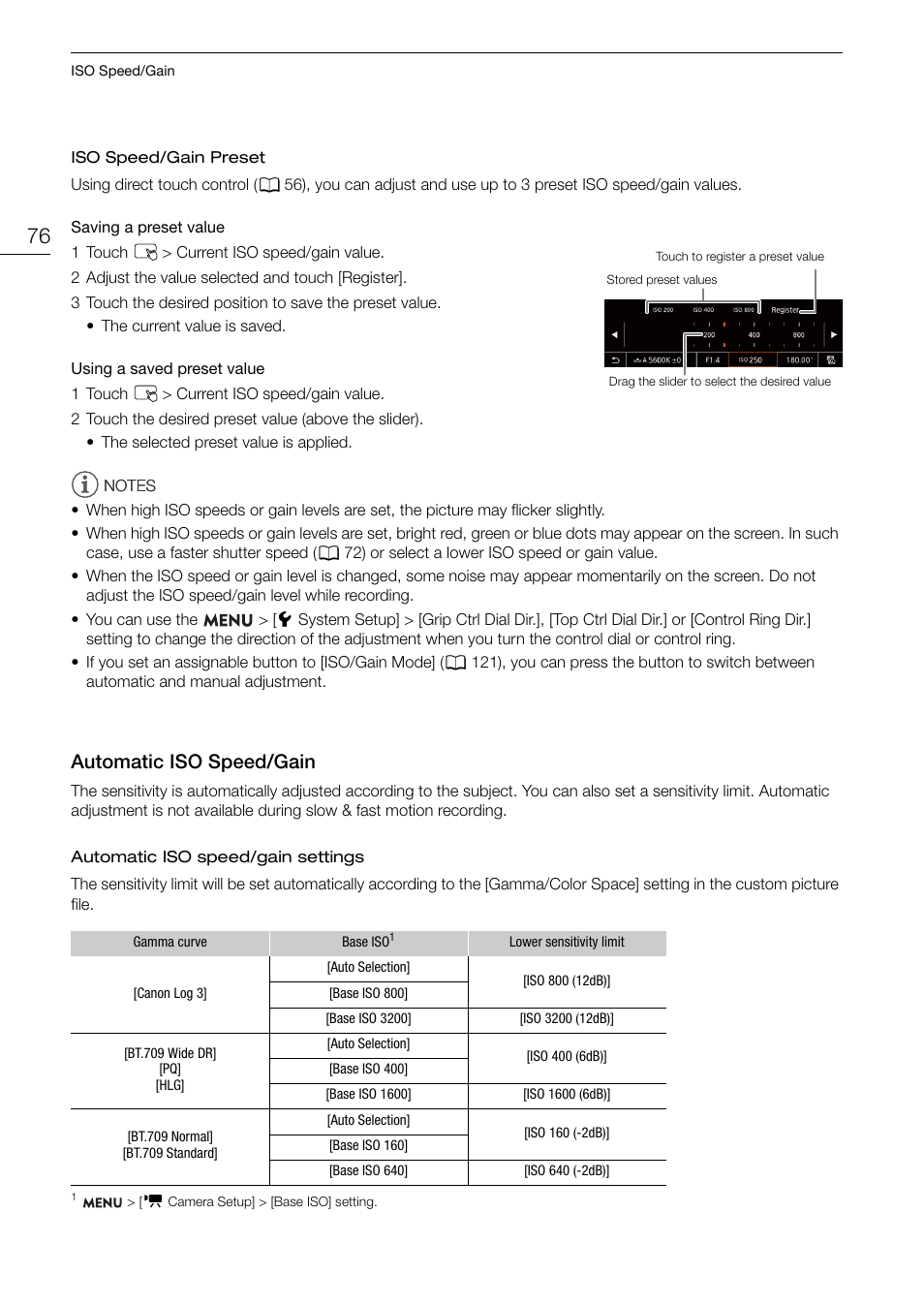 Automatic iso speed/gain, Automatic iso speed/gain 76 | Canon EOS R5 C VR Creator Kit with RF 5.2mm f/2.8 Dual Fisheye Lens User Manual | Page 76 / 248