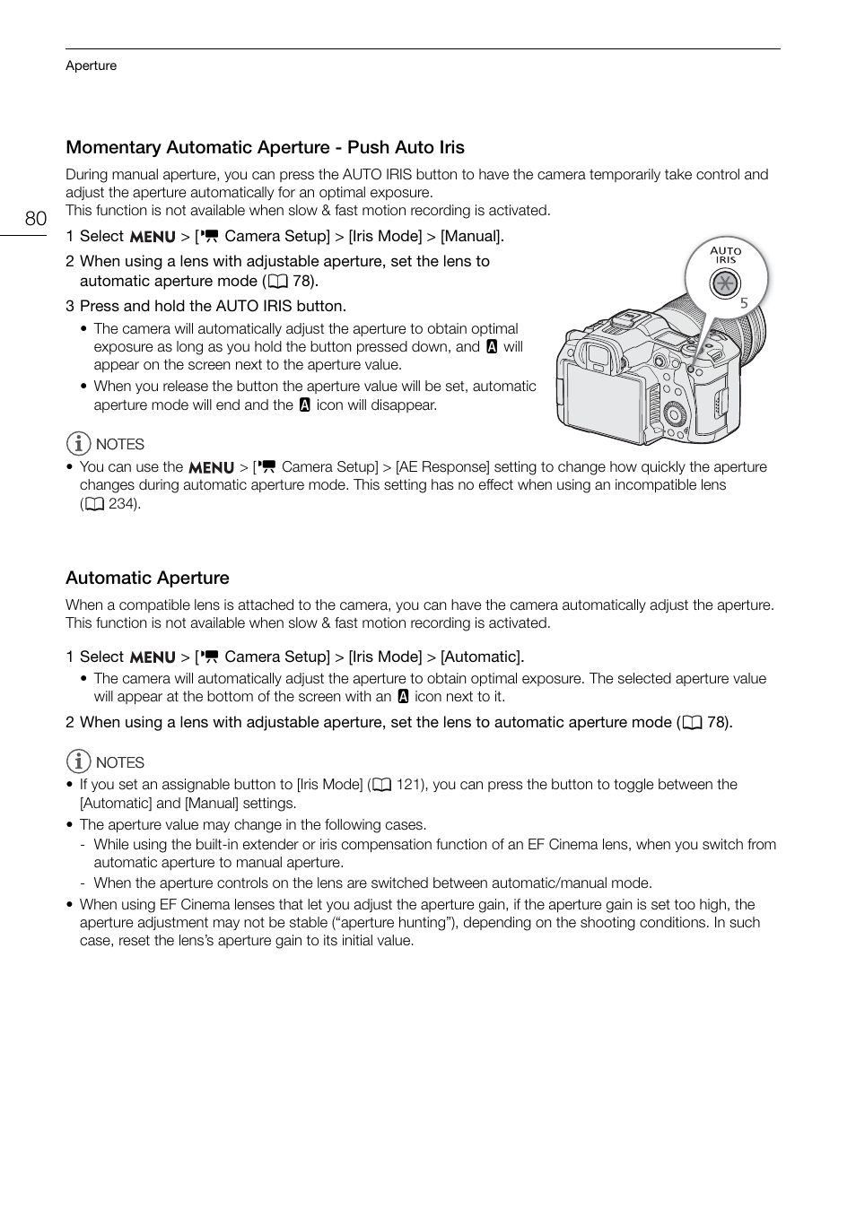 Momentary automatic aperture - push auto iris, Automatic aperture, Momentary automatic aperture - push auto | Iris 80, Automatic aperture 80 | Canon EOS R5 C VR Creator Kit with RF 5.2mm f/2.8 Dual Fisheye Lens User Manual | Page 80 / 248