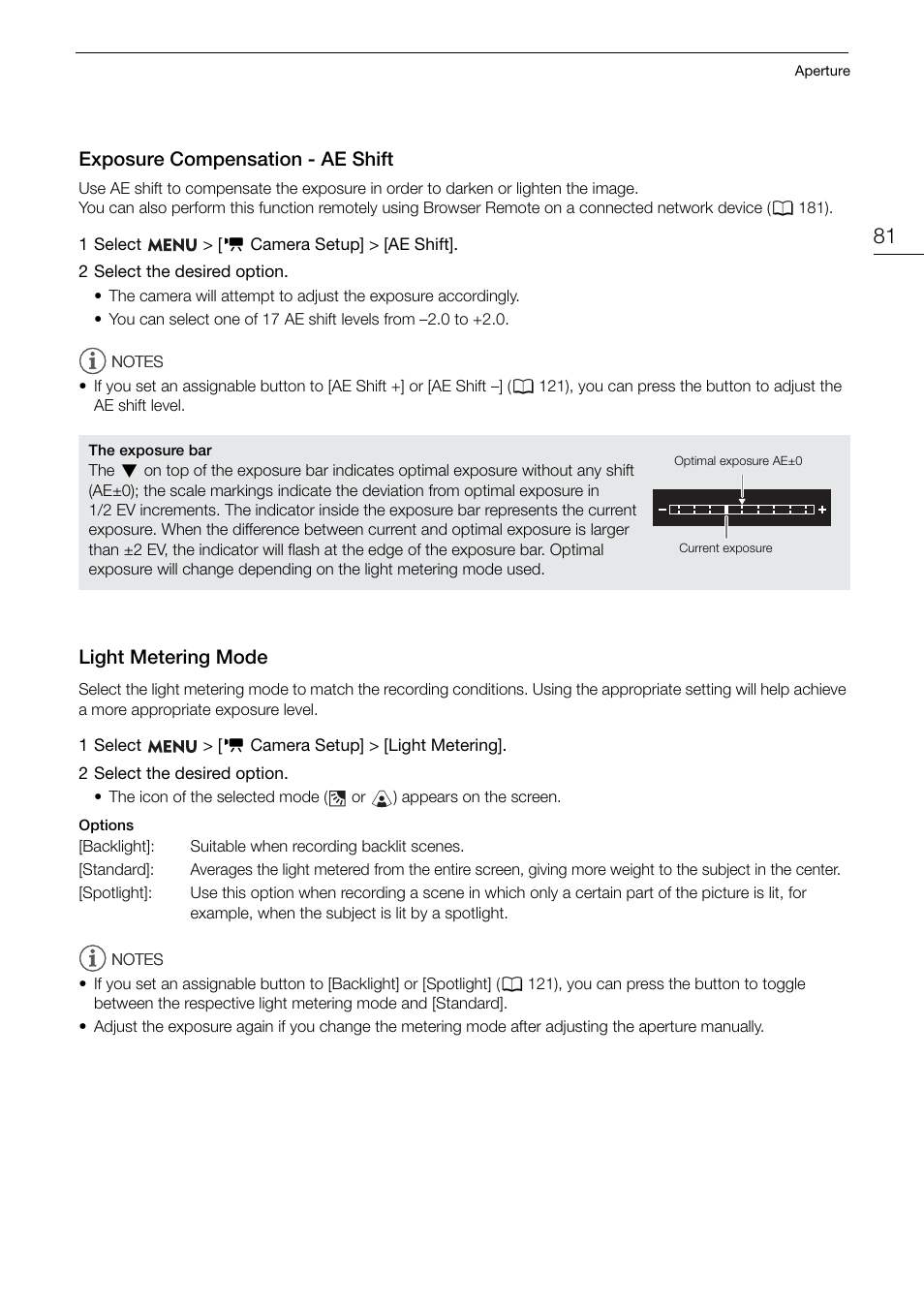 Exposure compensation - ae shift, Light metering mode, Expo s ure compen s ation - ae shift | Canon EOS R5 C VR Creator Kit with RF 5.2mm f/2.8 Dual Fisheye Lens User Manual | Page 81 / 248