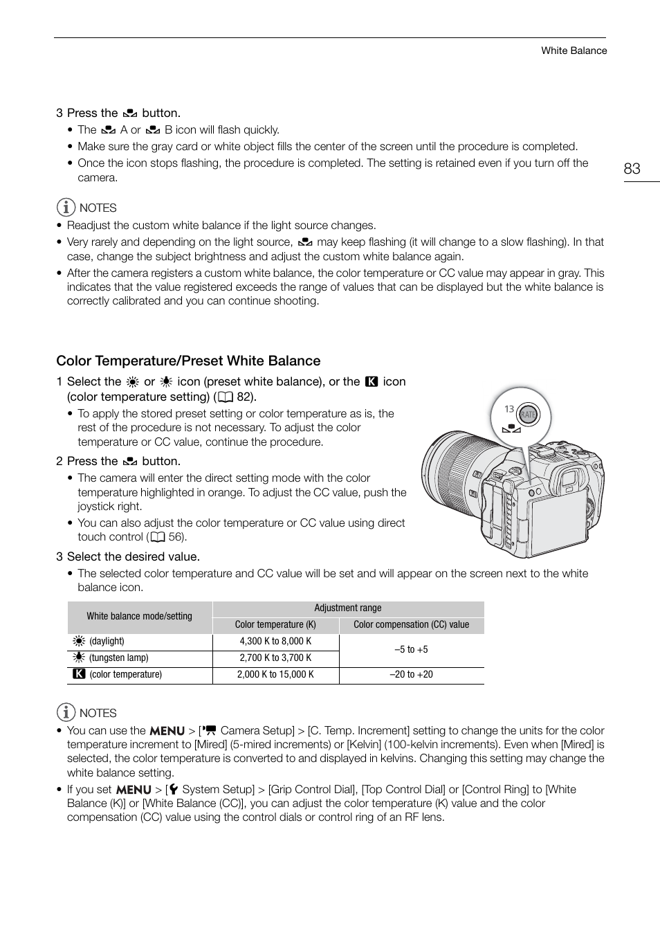 Color temperature/preset white balance, Color temperature/preset white balance 83, Color temperature/pre s et white balance | Canon EOS R5 C VR Creator Kit with RF 5.2mm f/2.8 Dual Fisheye Lens User Manual | Page 83 / 248