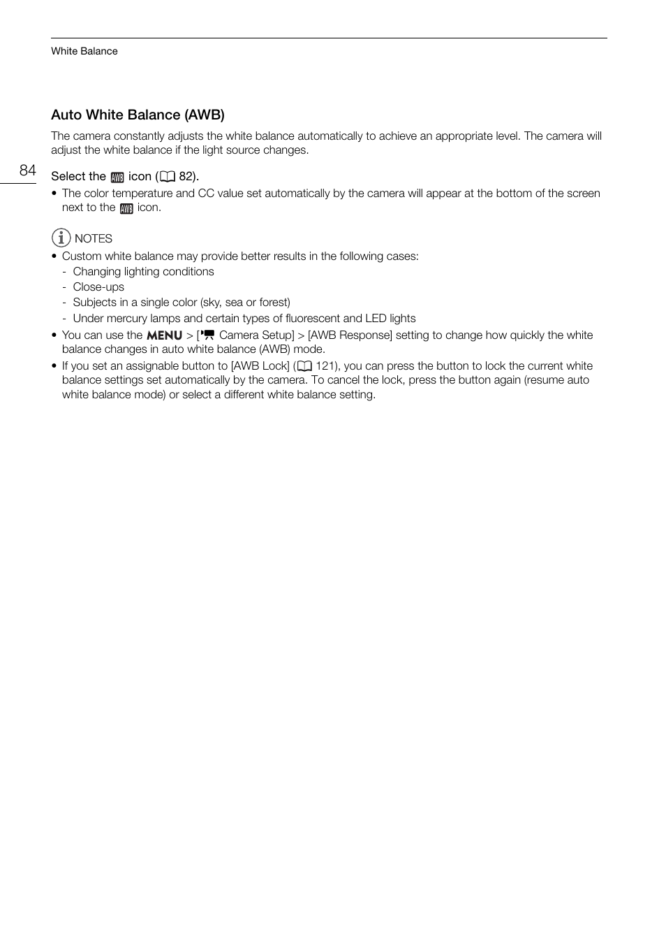 Auto white balance (awb), Auto white balance (awb) 84 | Canon EOS R5 C VR Creator Kit with RF 5.2mm f/2.8 Dual Fisheye Lens User Manual | Page 84 / 248