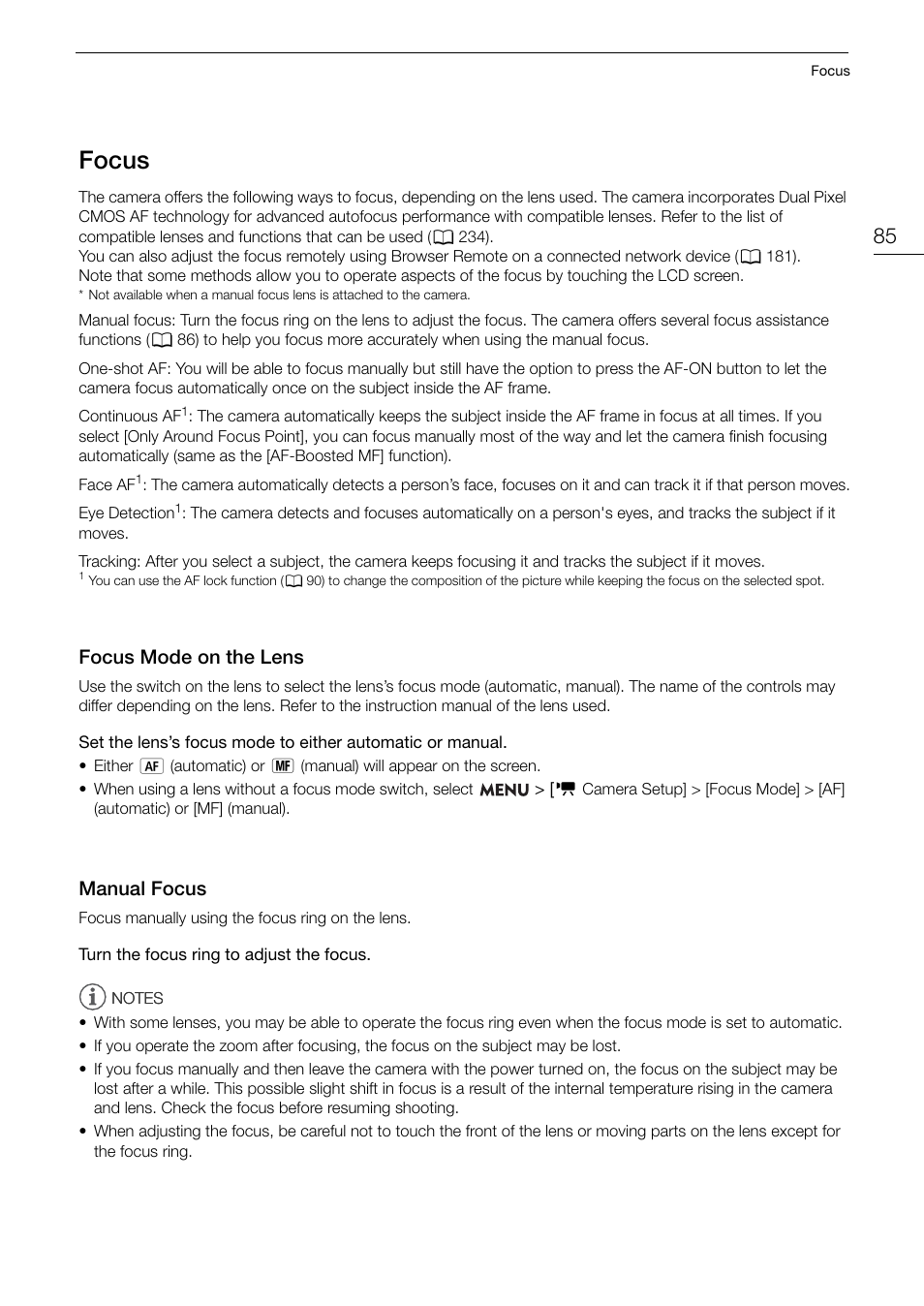 Focus, Focus mode on the lens, Manual focus | Focu, Focus mode on the lens 85 manual focus 85, Focu s, Focu s mode on the len s, Manual focu s | Canon EOS R5 C VR Creator Kit with RF 5.2mm f/2.8 Dual Fisheye Lens User Manual | Page 85 / 248