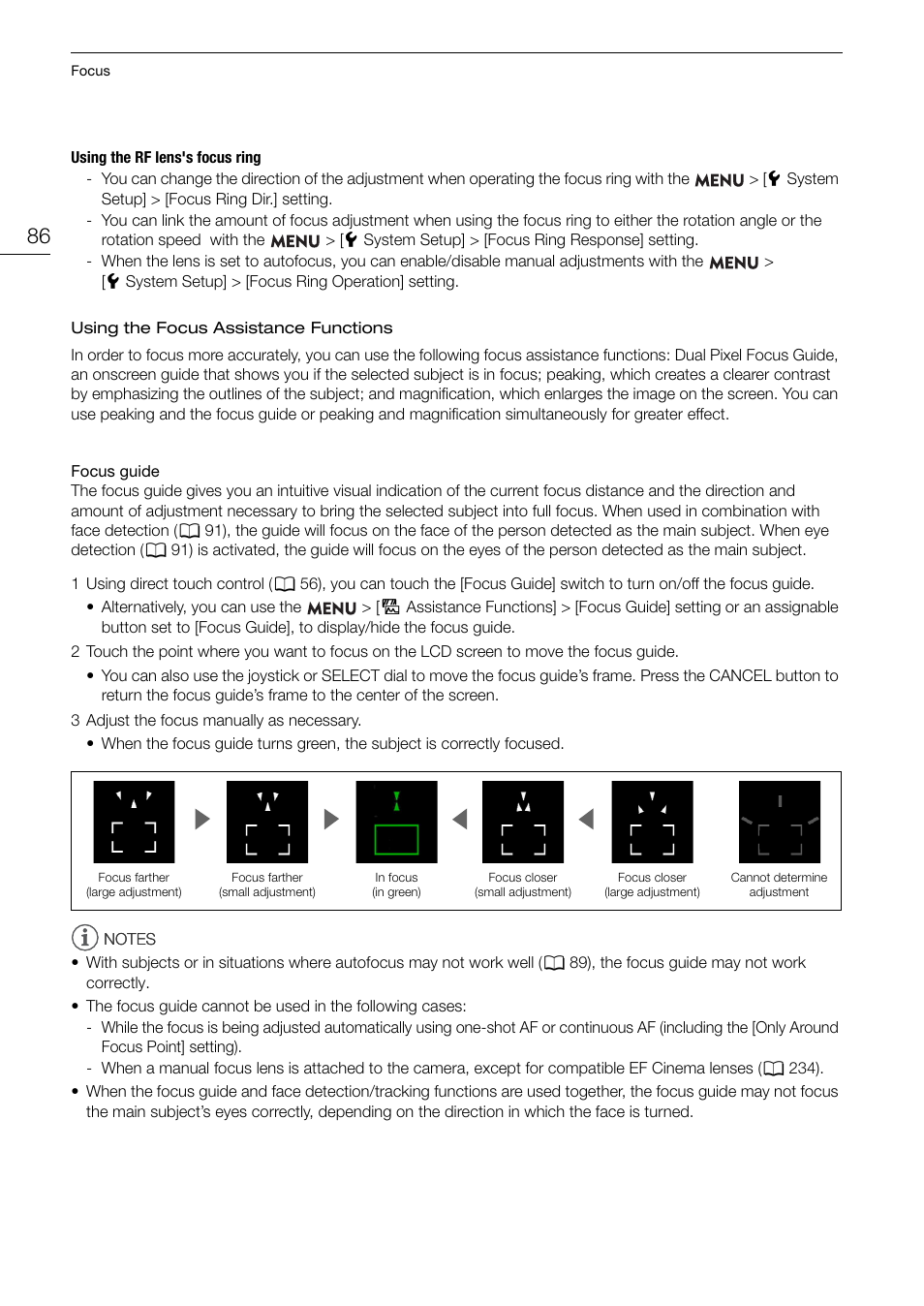 Using the focus assistance functions | Canon EOS R5 C VR Creator Kit with RF 5.2mm f/2.8 Dual Fisheye Lens User Manual | Page 86 / 248