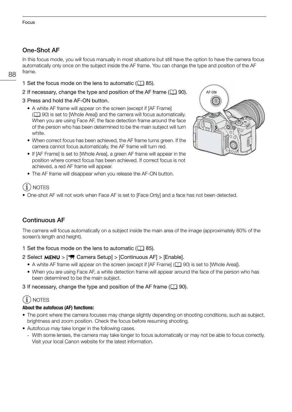 One-shot af, Continuous af, One-shot af 88 continuous af 88 | Canon EOS R5 C VR Creator Kit with RF 5.2mm f/2.8 Dual Fisheye Lens User Manual | Page 88 / 248