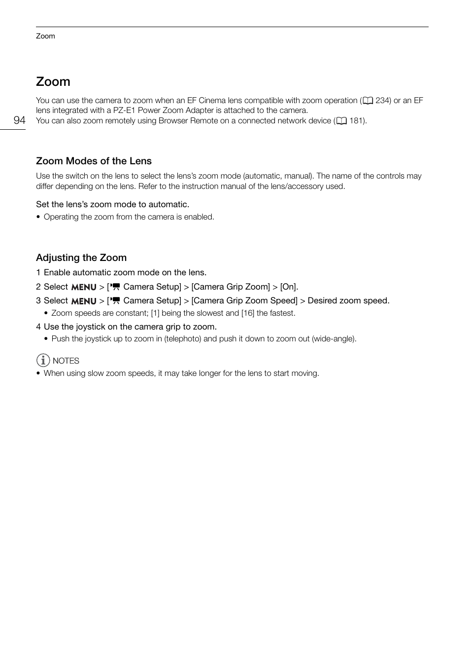 Zoom, Zoom modes of the lens, Adjusting the zoom | Zoom 94, Zoom modes of the lens 94 adjusting the zoom 94 | Canon EOS R5 C VR Creator Kit with RF 5.2mm f/2.8 Dual Fisheye Lens User Manual | Page 94 / 248