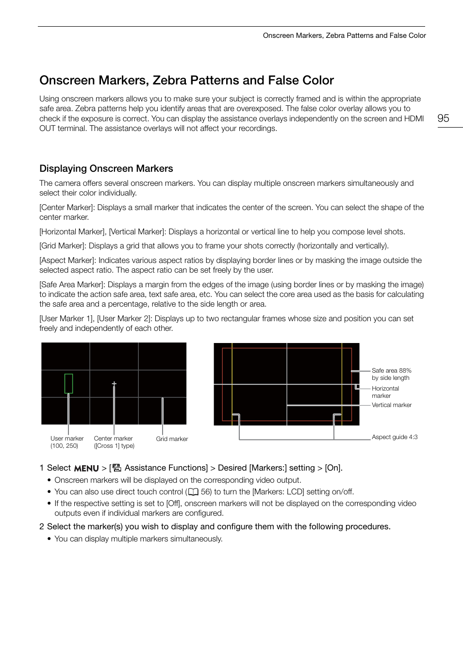 Onscreen markers, zebra patterns and false color, Displaying onscreen markers, Creen mar | Zebra pattern, And fal, Color 95, Displaying onscreen markers 95 | Canon EOS R5 C VR Creator Kit with RF 5.2mm f/2.8 Dual Fisheye Lens User Manual | Page 95 / 248