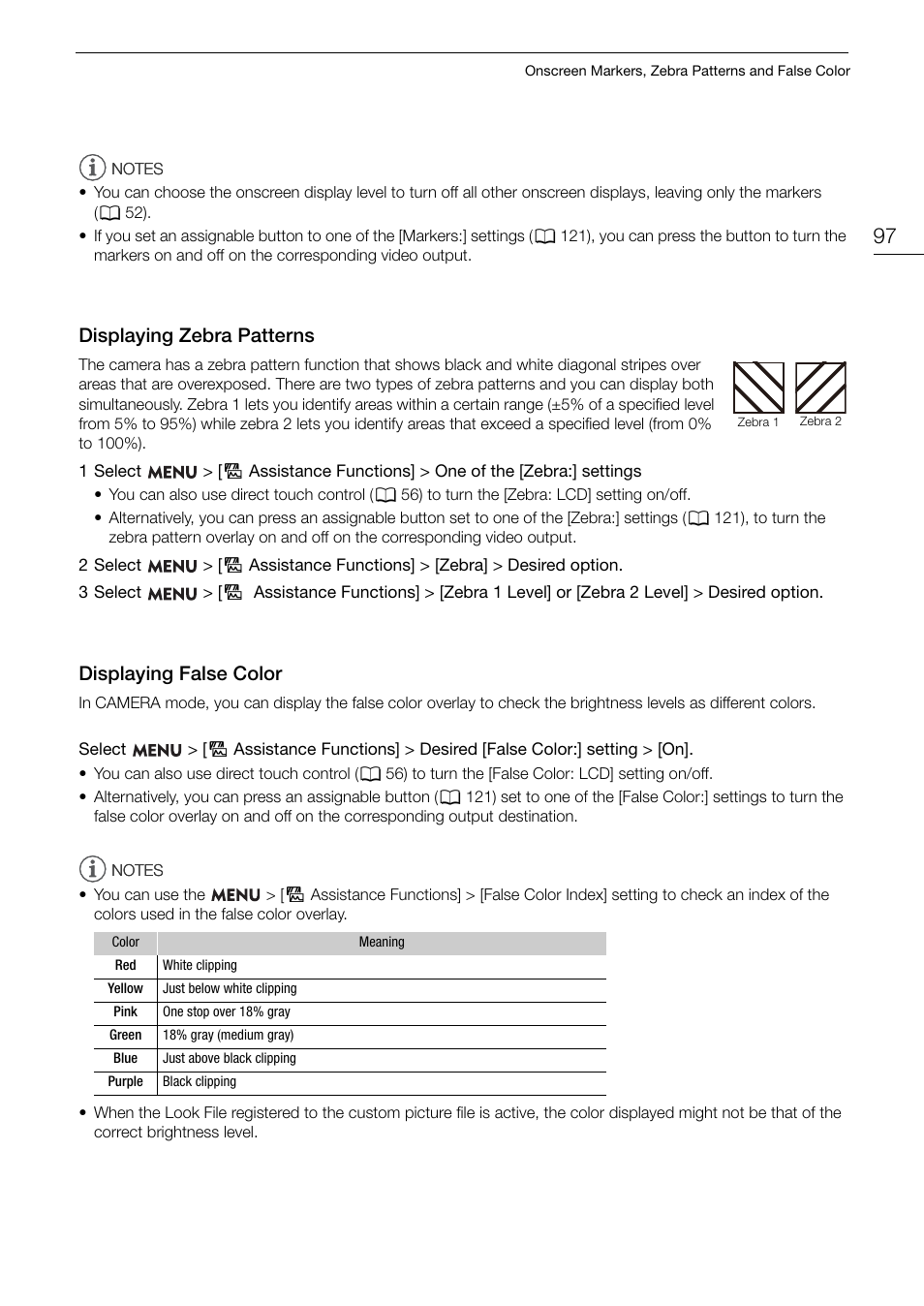 Displaying zebra patterns, Displaying false color, Di s playing zebra pattern s | Di s playing fal s e color | Canon EOS R5 C VR Creator Kit with RF 5.2mm f/2.8 Dual Fisheye Lens User Manual | Page 97 / 248