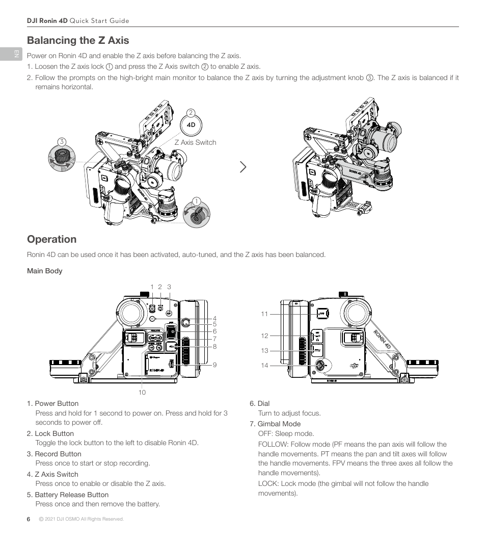 Balancing the z axis, Operation | DJI Ronin 4D 4-Axis Cinema Camera 8K Combo Kit User Manual | Page 7 / 10