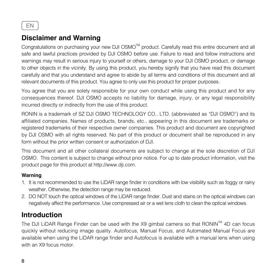 Disclaimer and warning, Introduction | DJI Ronin 4D 4-Axis Cinema Camera 8K Combo Kit User Manual | Page 10 / 48
