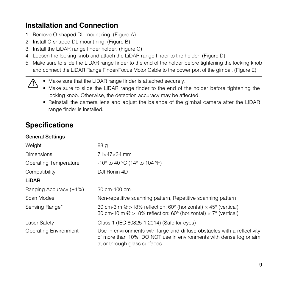 Installation and connection, Specifications | DJI Ronin 4D 4-Axis Cinema Camera 8K Combo Kit User Manual | Page 11 / 48