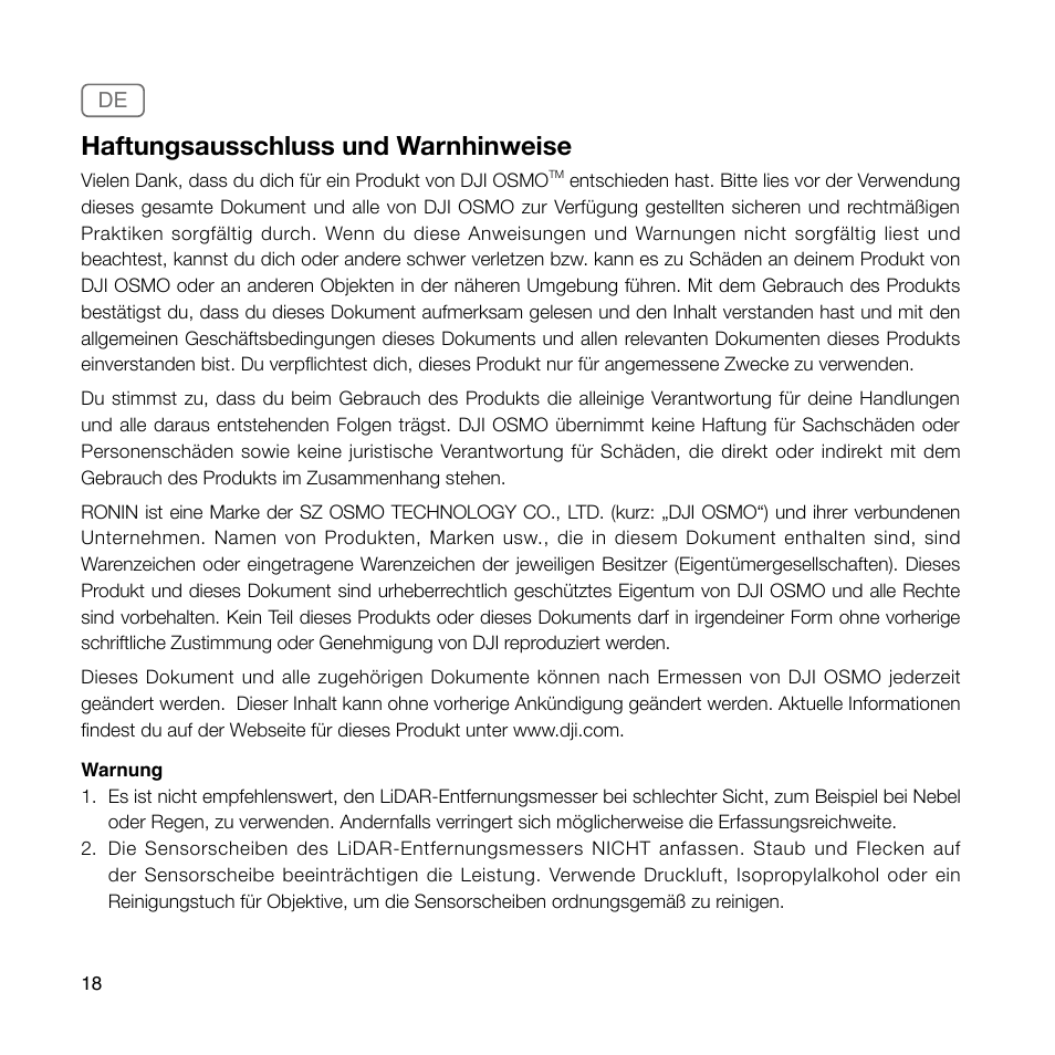 Haftungsausschluss und warnhinweise | DJI Ronin 4D 4-Axis Cinema Camera 8K Combo Kit User Manual | Page 20 / 48