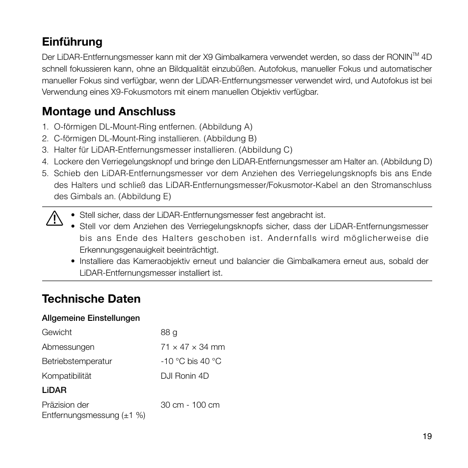 Einführung, Montage und anschluss, Technische daten | DJI Ronin 4D 4-Axis Cinema Camera 8K Combo Kit User Manual | Page 21 / 48