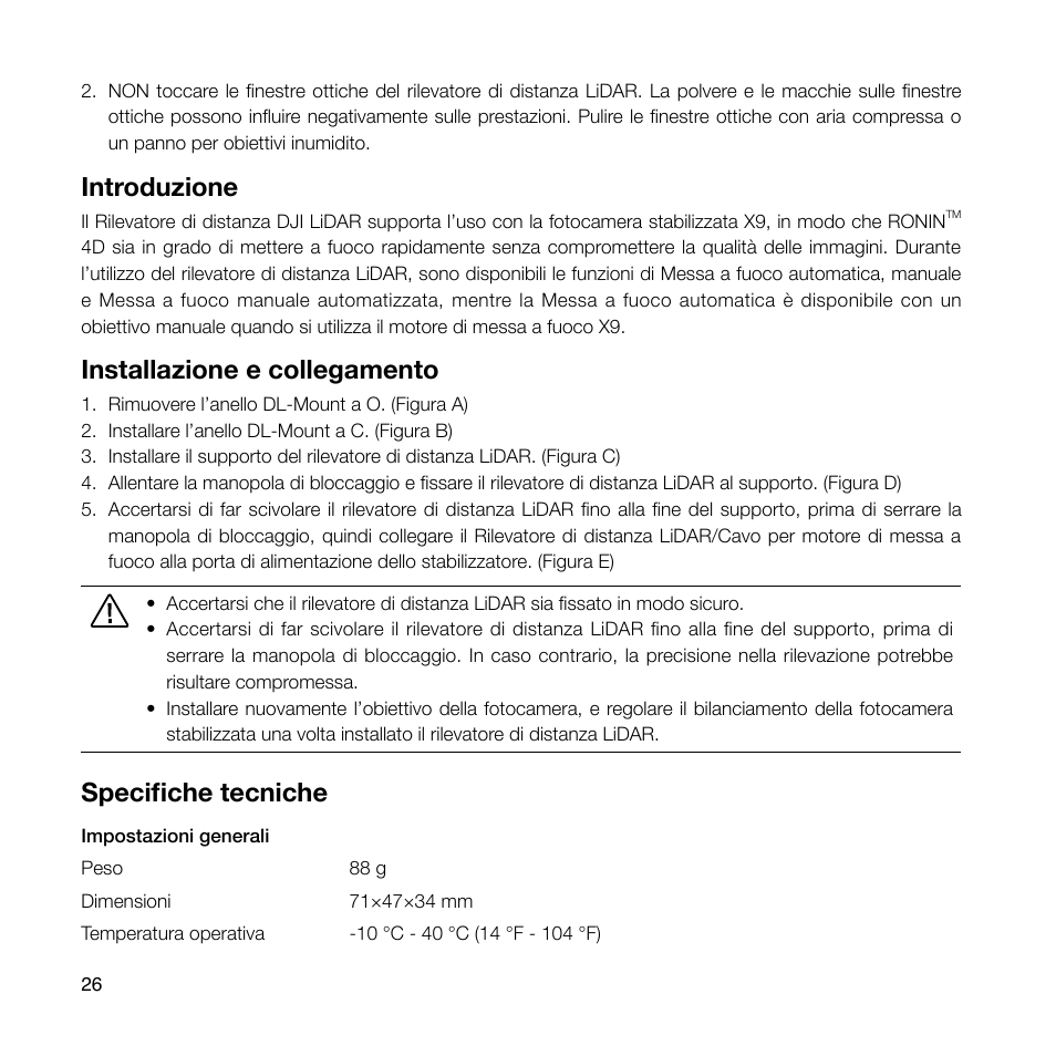Introduzione, Installazione e collegamento, Specifiche tecniche | DJI Ronin 4D 4-Axis Cinema Camera 8K Combo Kit User Manual | Page 28 / 48