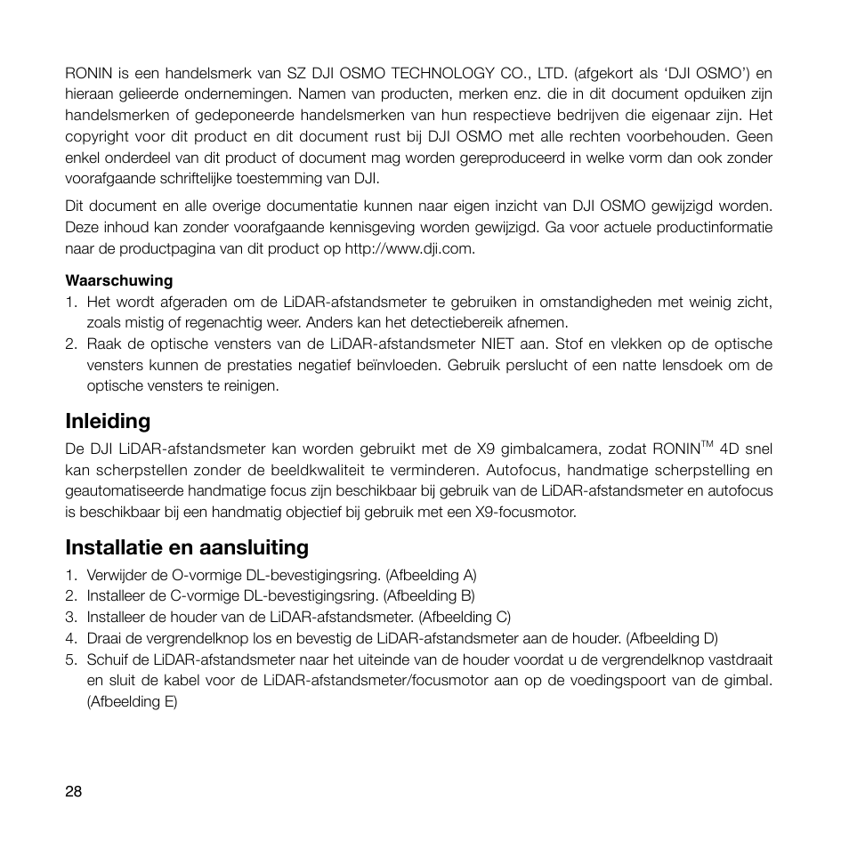 Inleiding, Installatie en aansluiting | DJI Ronin 4D 4-Axis Cinema Camera 8K Combo Kit User Manual | Page 30 / 48