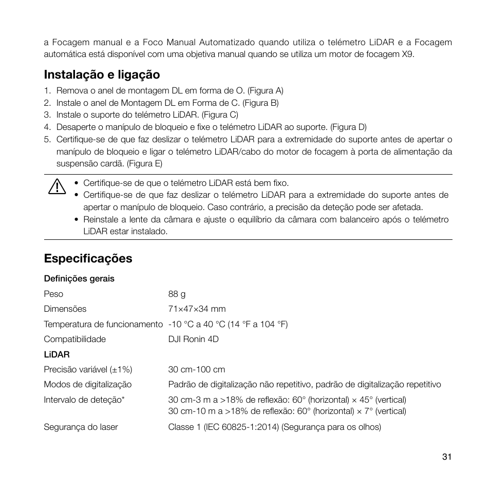 Instalação e ligação, Especificações | DJI Ronin 4D 4-Axis Cinema Camera 8K Combo Kit User Manual | Page 33 / 48