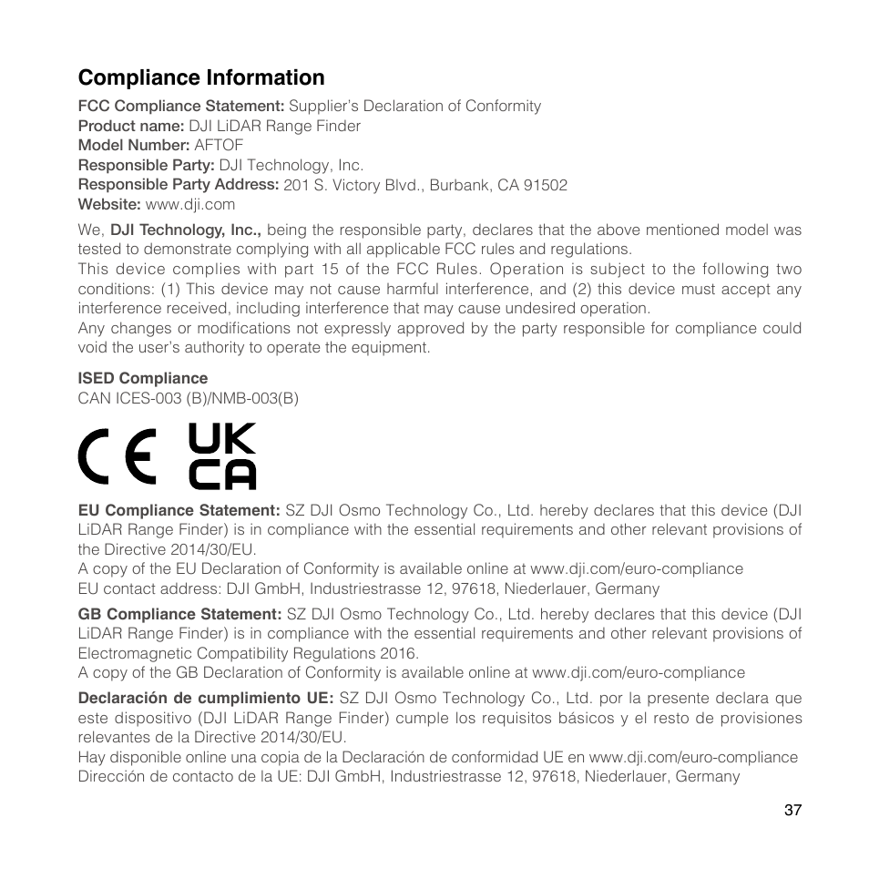Compliance information | DJI Ronin 4D 4-Axis Cinema Camera 8K Combo Kit User Manual | Page 39 / 48