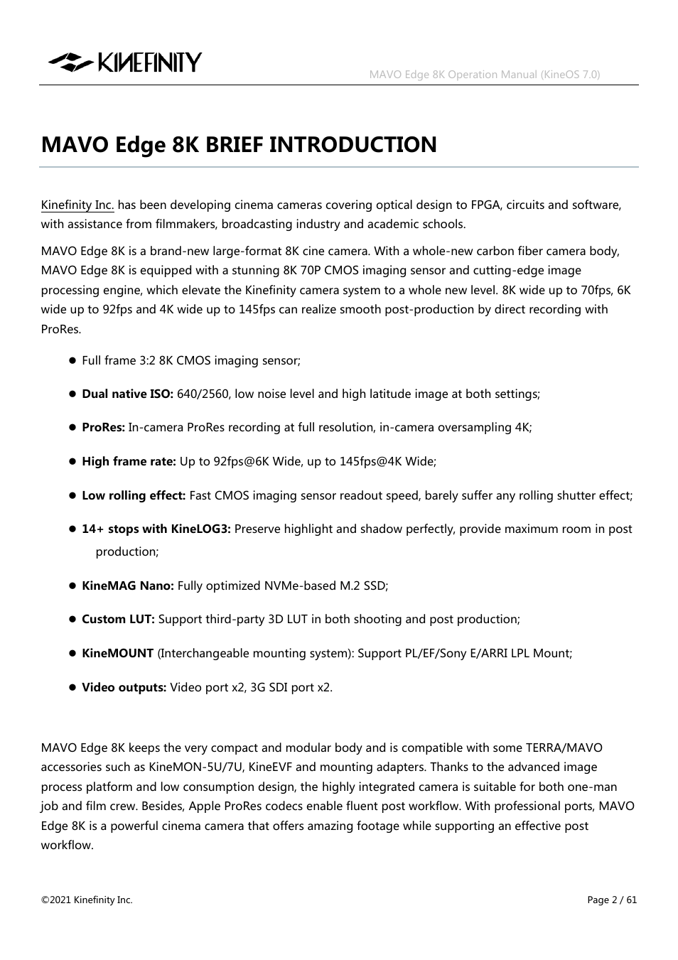 Mavo edge 8k brief introduction | Kinefinity MAVO Edge 8K Digital Cinema Camera User Manual | Page 2 / 60