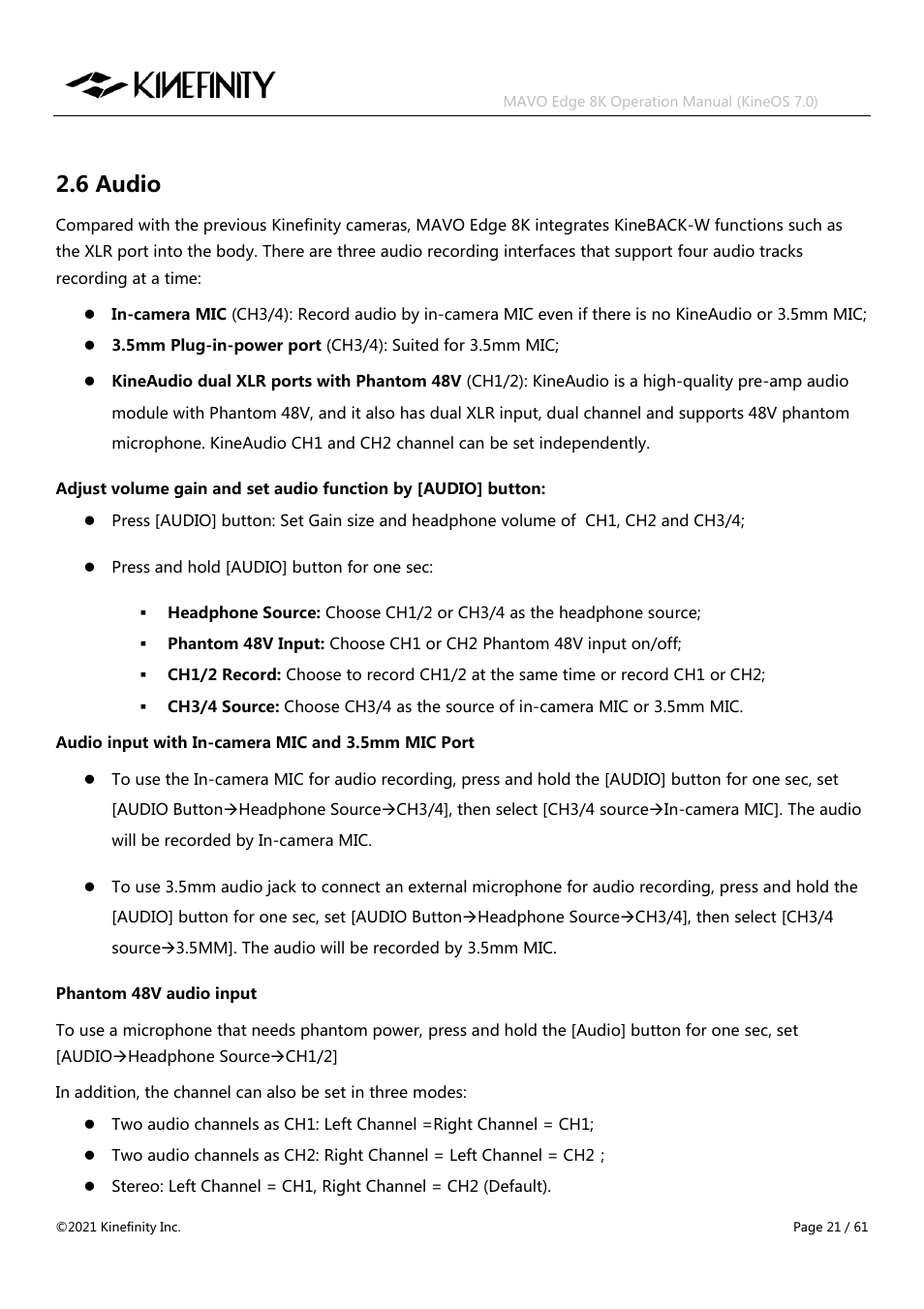 6 audio | Kinefinity MAVO Edge 8K Digital Cinema Camera User Manual | Page 21 / 60